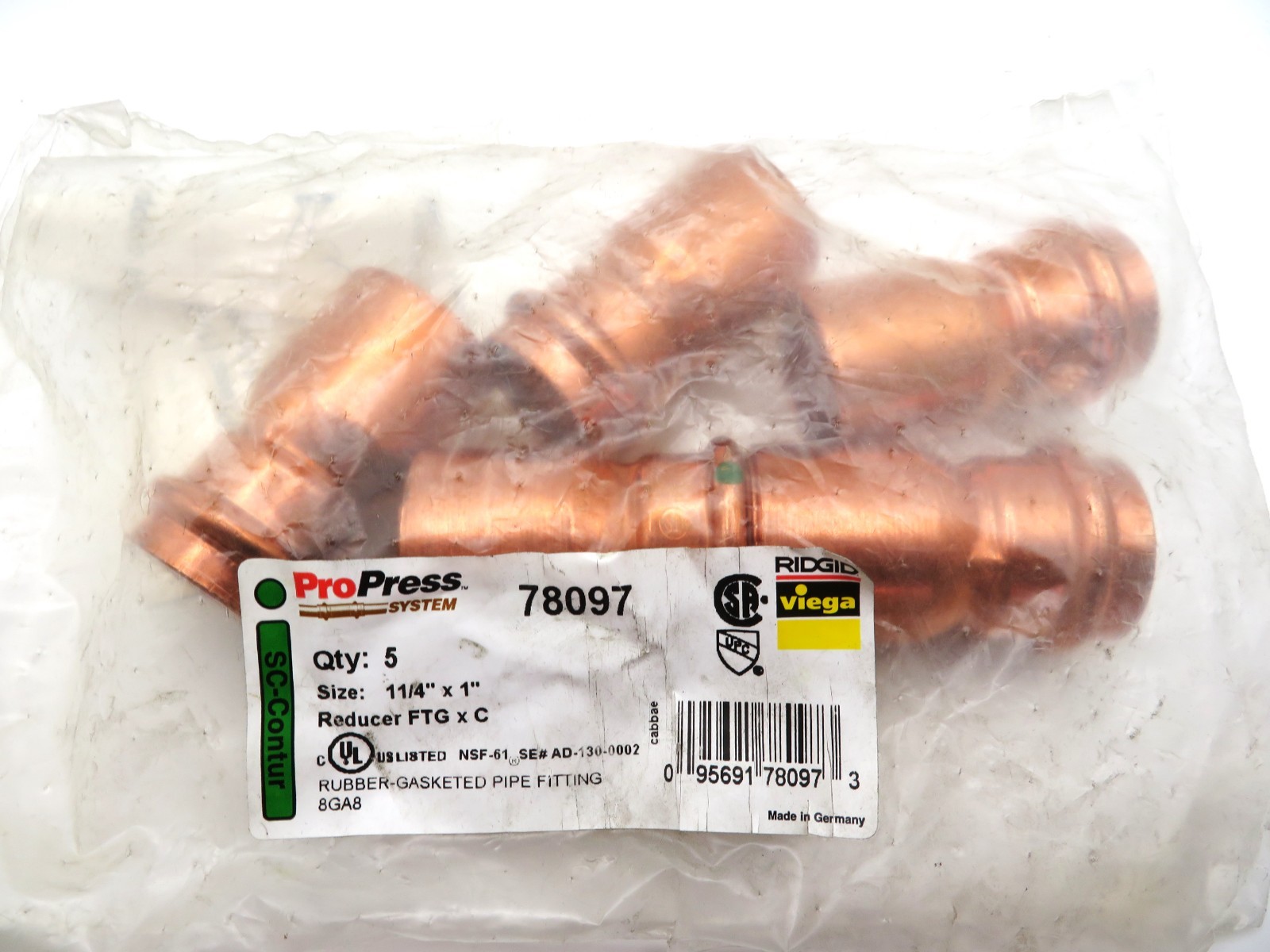 5 Fittings - Ridgid - VIEGA PROPRESS #78097 ProPress Copper Reducer, 1-1/4\ 5 Fittings - Ridgid - VIEGA PROPRESS #78097 ProPress Copper Reducer, 1-1/4\