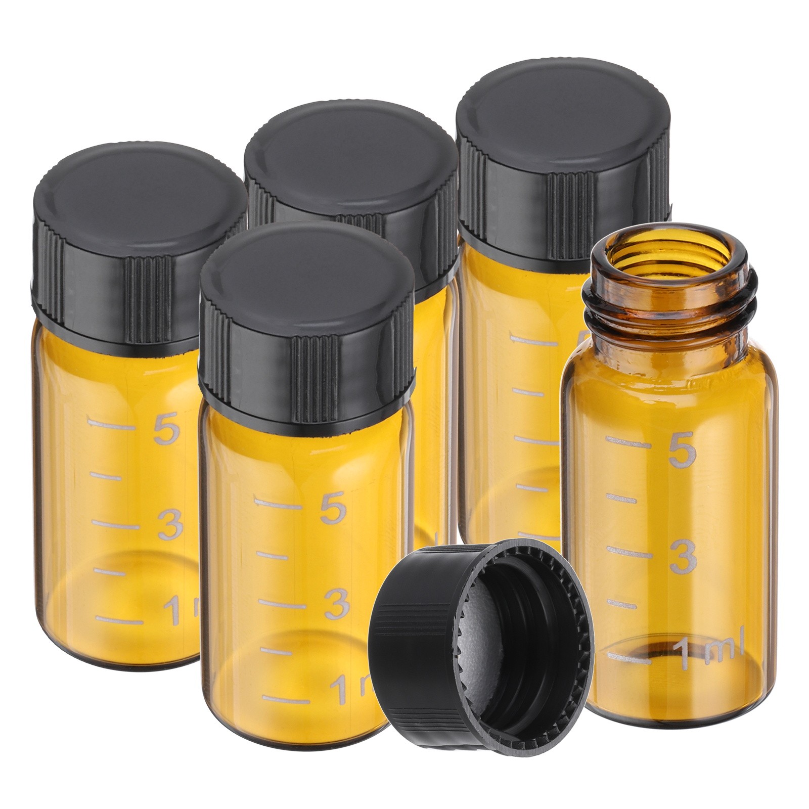 5 Pcs 5ml Amber Glass Vials with Black Screw Caps, Sealed Bottles with Scale 5 Pcs 5ml Amber Glass Vials with Black Screw Caps, Sealed Bottles with Scale