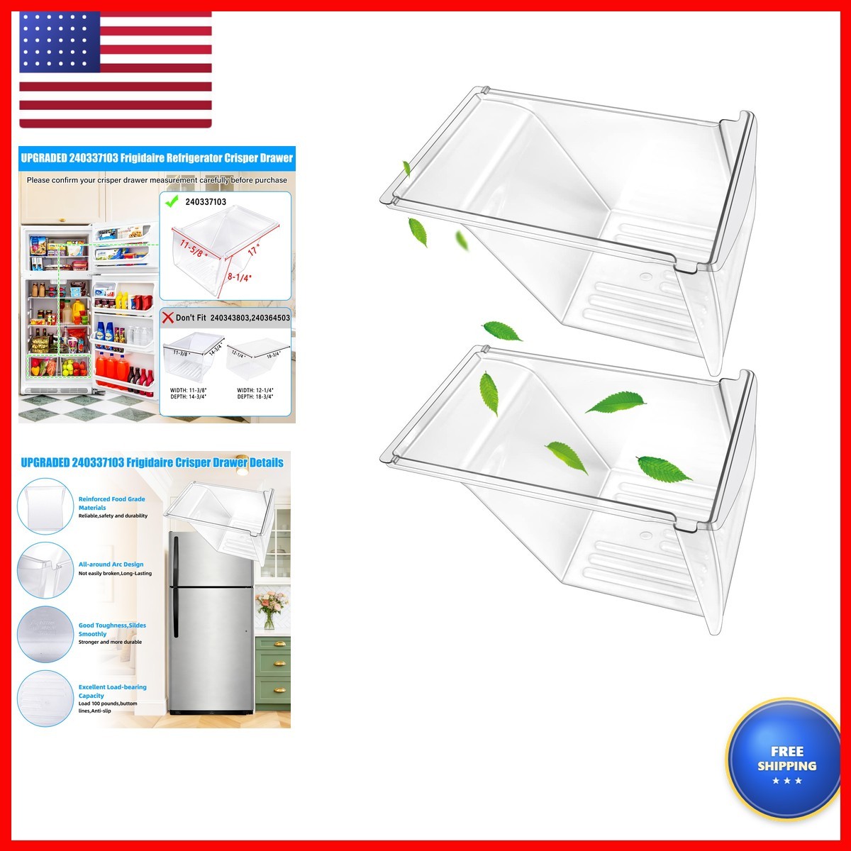 S-Union 2 PACK Upgraded 240337103 Refrigerator Crisper Drawers Bins Compatible S-Union 2 PACK Upgraded 240337103 Refrigerator Crisper Drawers Bins Compatible