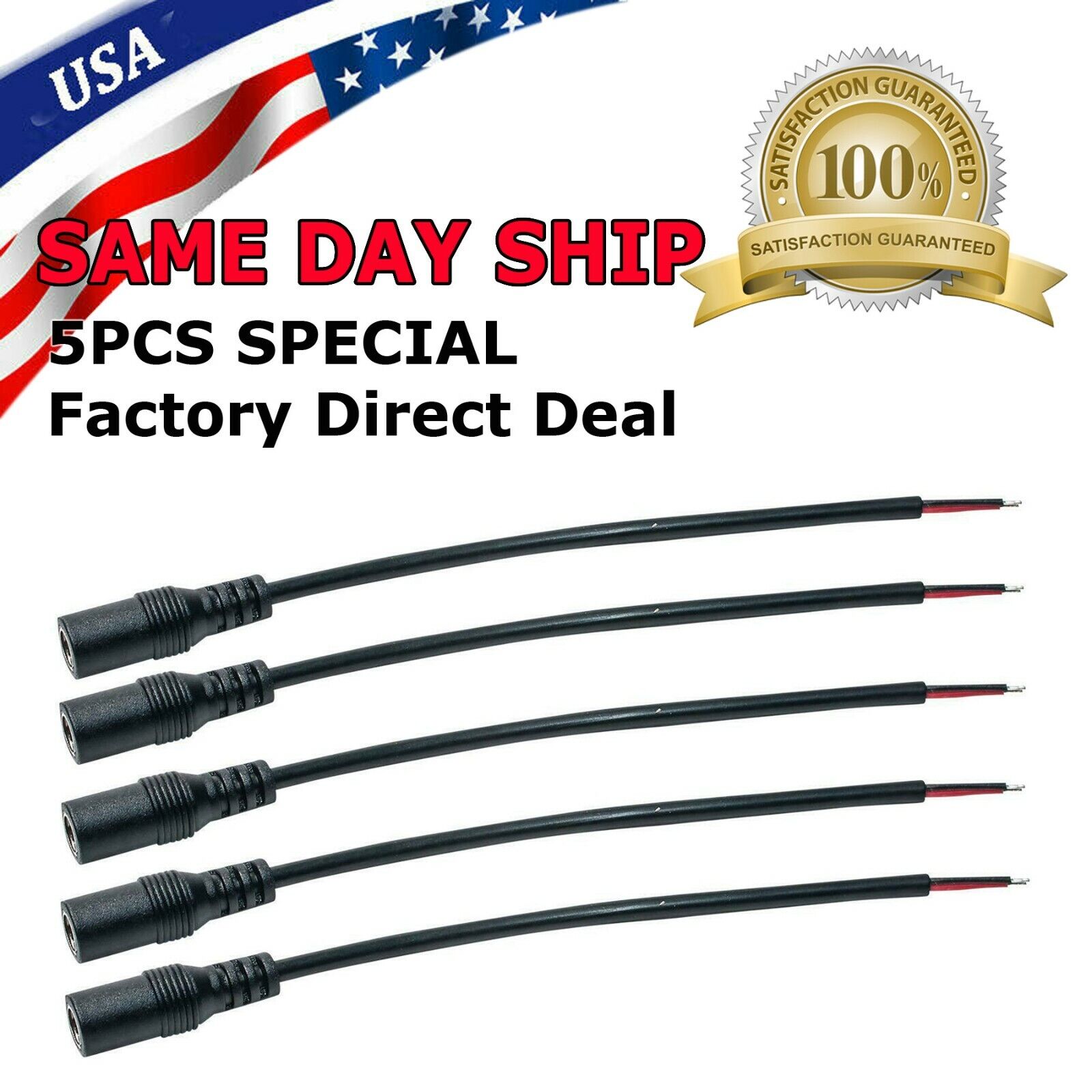 (5-Pack) DC Power Pigtail Female Barrel Jack 6-inch Wire Cable 5.5mm x 2.1mm 5X
