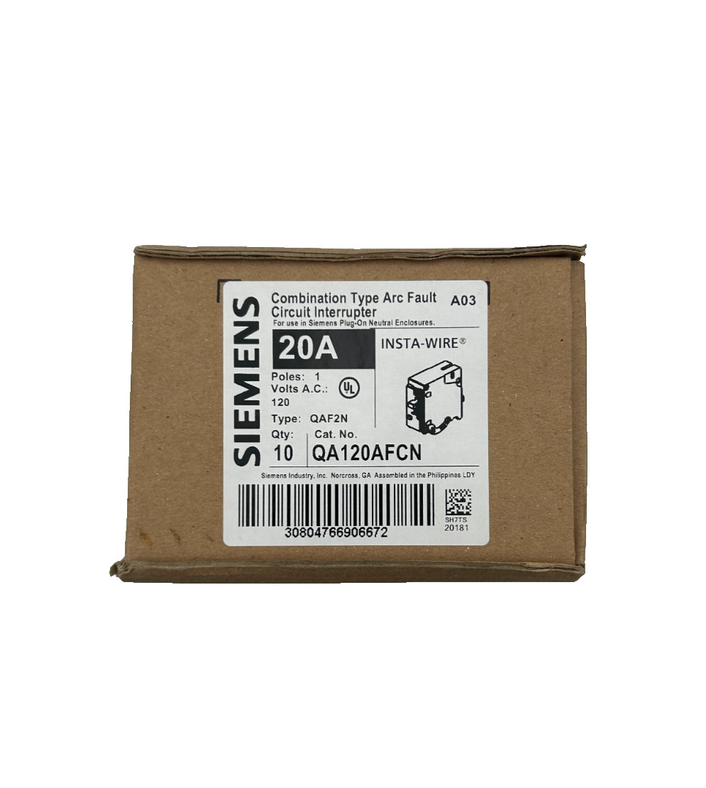 (10) New Siemens QA120AFCN Arc Fault Circuit Breaker AFCI 20A 1-Pole 120/240V (10) New Siemens QA120AFCN Arc Fault Circuit Breaker AFCI 20A 1-Pole 120/240V