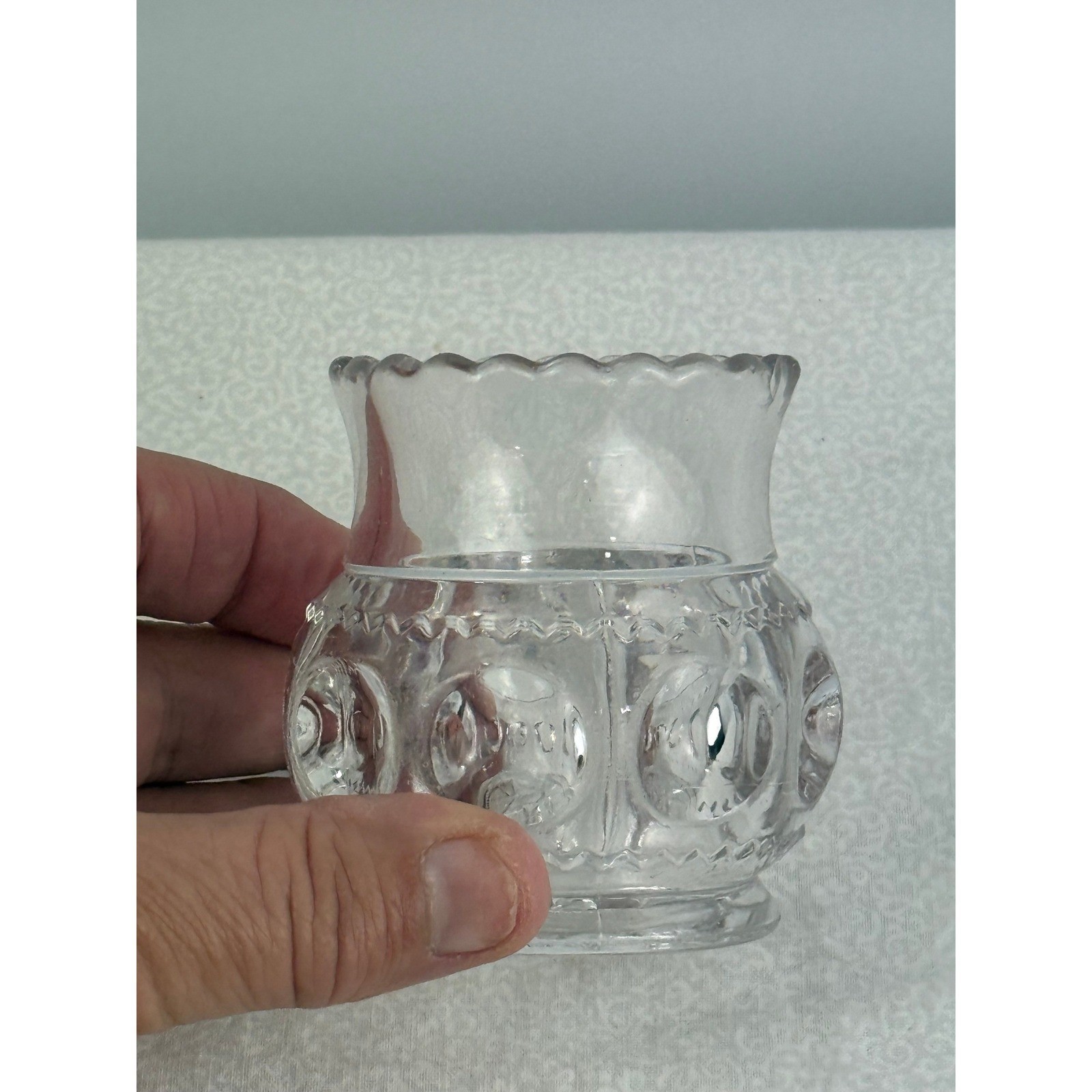 Antique Clear Pressed Glass Thumbprint Sawtooth Toothpick Holder Scalloped Rim