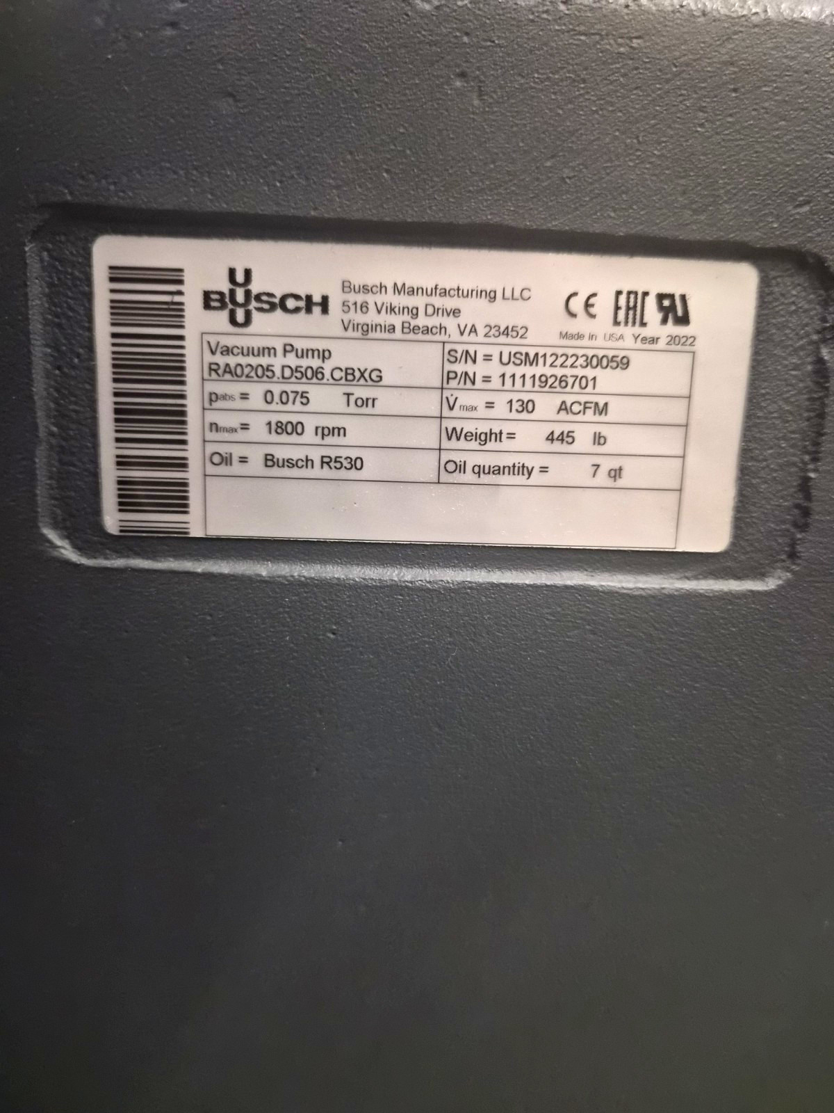 Busch R5 RA 0205 D Rotary Vane Vacuum Pump 130 ACFM 0.075 Torr 1-Stage