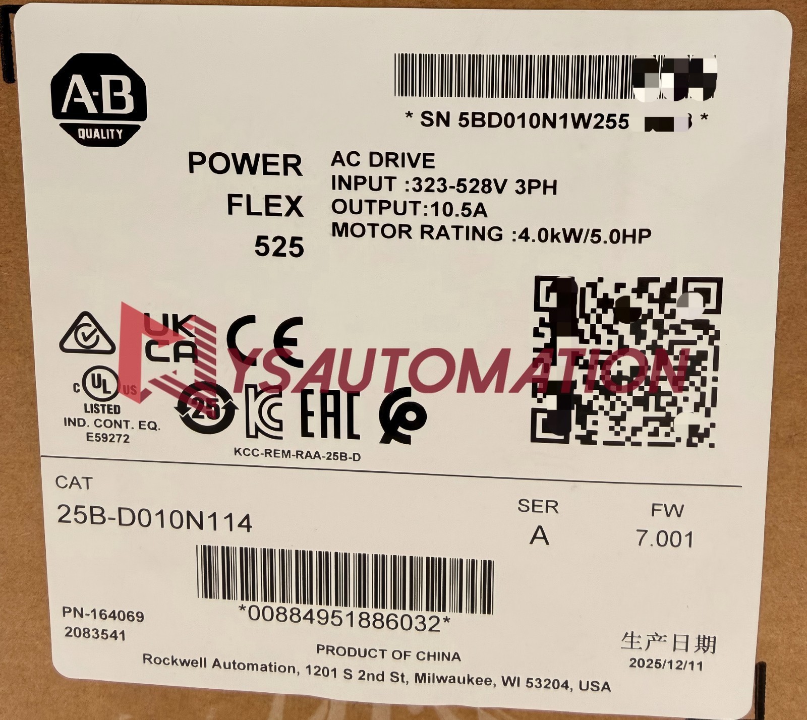 2025 New Sealed 25B-D010N114 Allen-Bradley PowerFlex 525 4kW (5Hp) AC Drive 3PH
