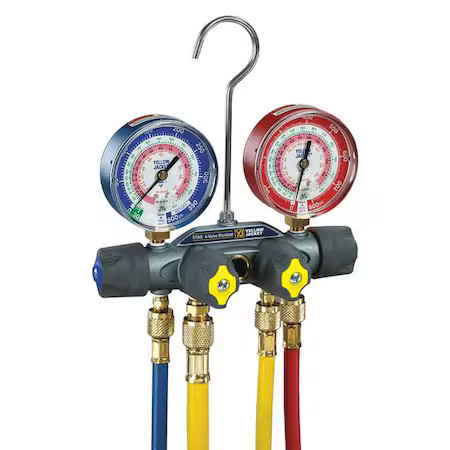Yellow Jacket 49967 Mechanical Manifold Gauge Set, 4 Valve, 4 Hoses, Vacuum