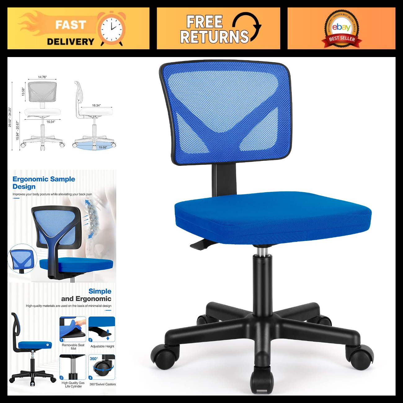 Ergonomic Small Armless Desk Chair, Mesh Rolling Office Chair for Home/Office Ergonomic Small Armless Desk Chair, Mesh Rolling Office Chair for Home/Office