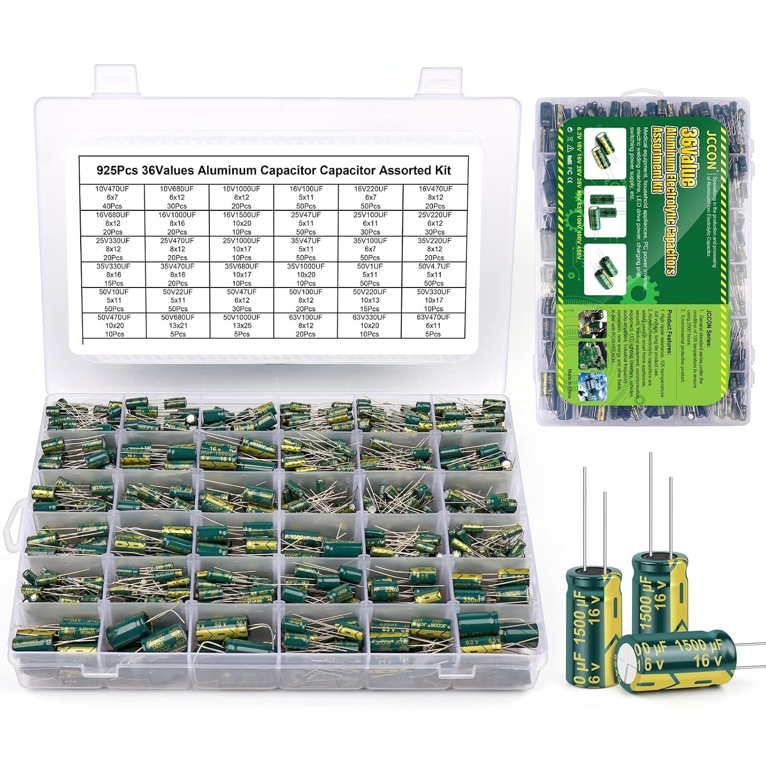 925Pcs Aluminum Electrolytic Capacitor Assortment Kit 36 Values 1uF-1000uF