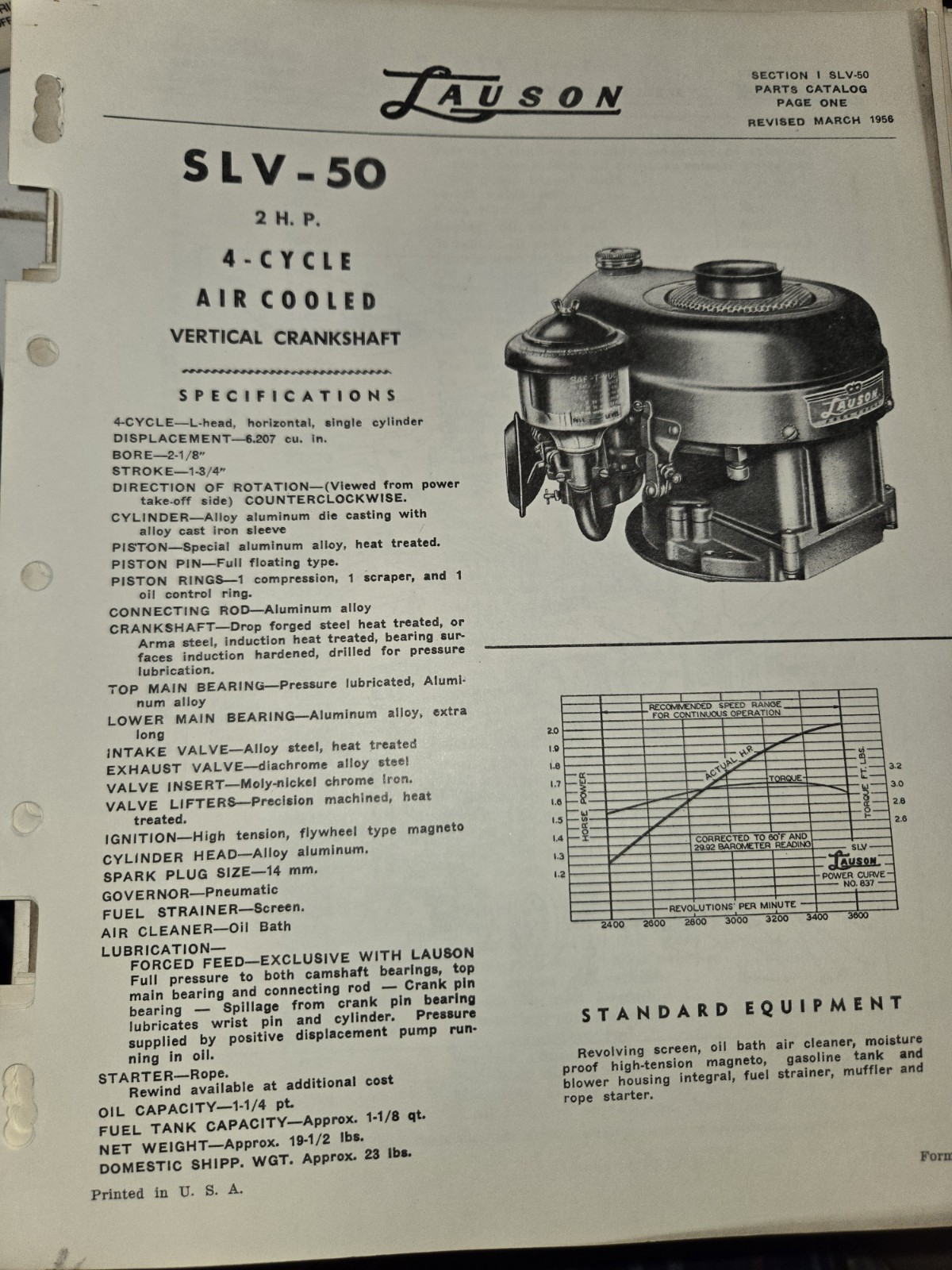 Lauson SLV-50 AIR COOLED 2 HP ENGINE SPECS PARTS CATALOG 1956 Lauson SLV-50 AIR COOLED 2 HP ENGINE SPECS PARTS CATALOG 1956