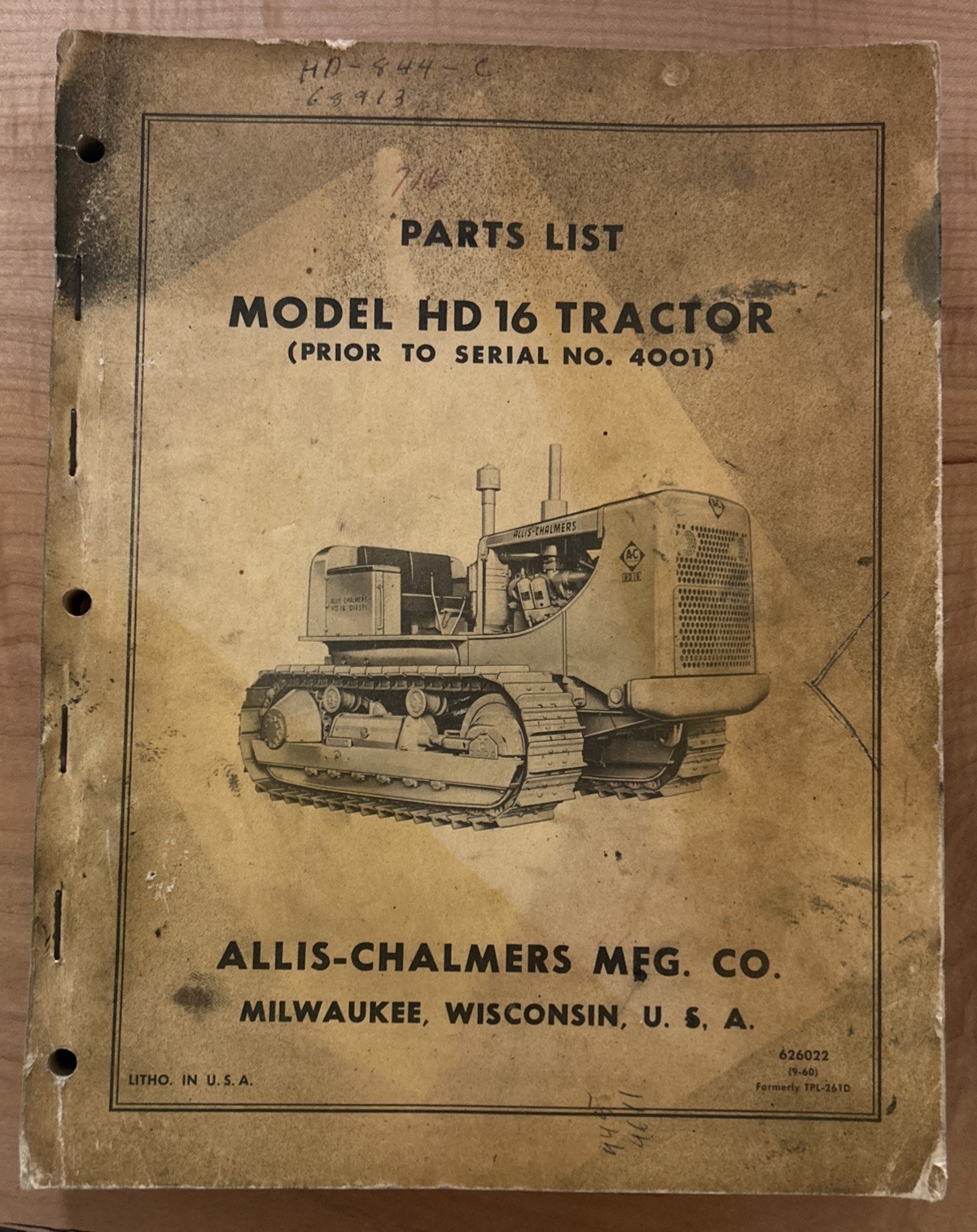 Vintage ALLIS-CHALMERS MODEL HD 16 TRACTOR Parts List 626022 (9-60)