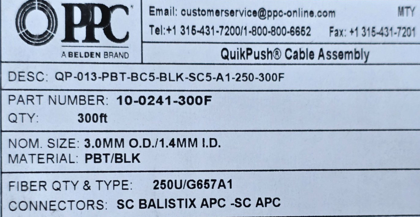 300ft Belden/PPC MiniFlex Optical Fiber Quick-Push Pre-Terminated SC-SC Cable Bk