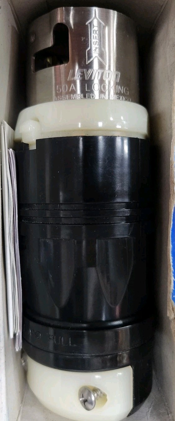 Leviton CS6365C 50 Amp 125/250V Locking Male Plug 3P 4W Black White - New Nos Leviton CS6365C 50 Amp 125/250V Locking Male Plug 3P 4W Black White - New Nos