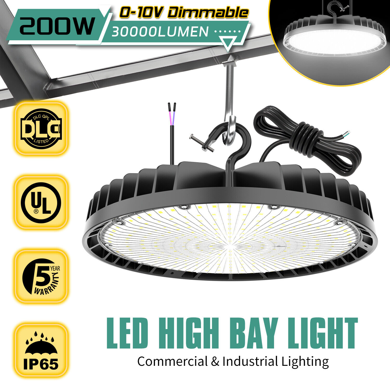 200W LED High Bay Light Dimmable Industrial Workshop Lamp 30000lm 5000K Daylight