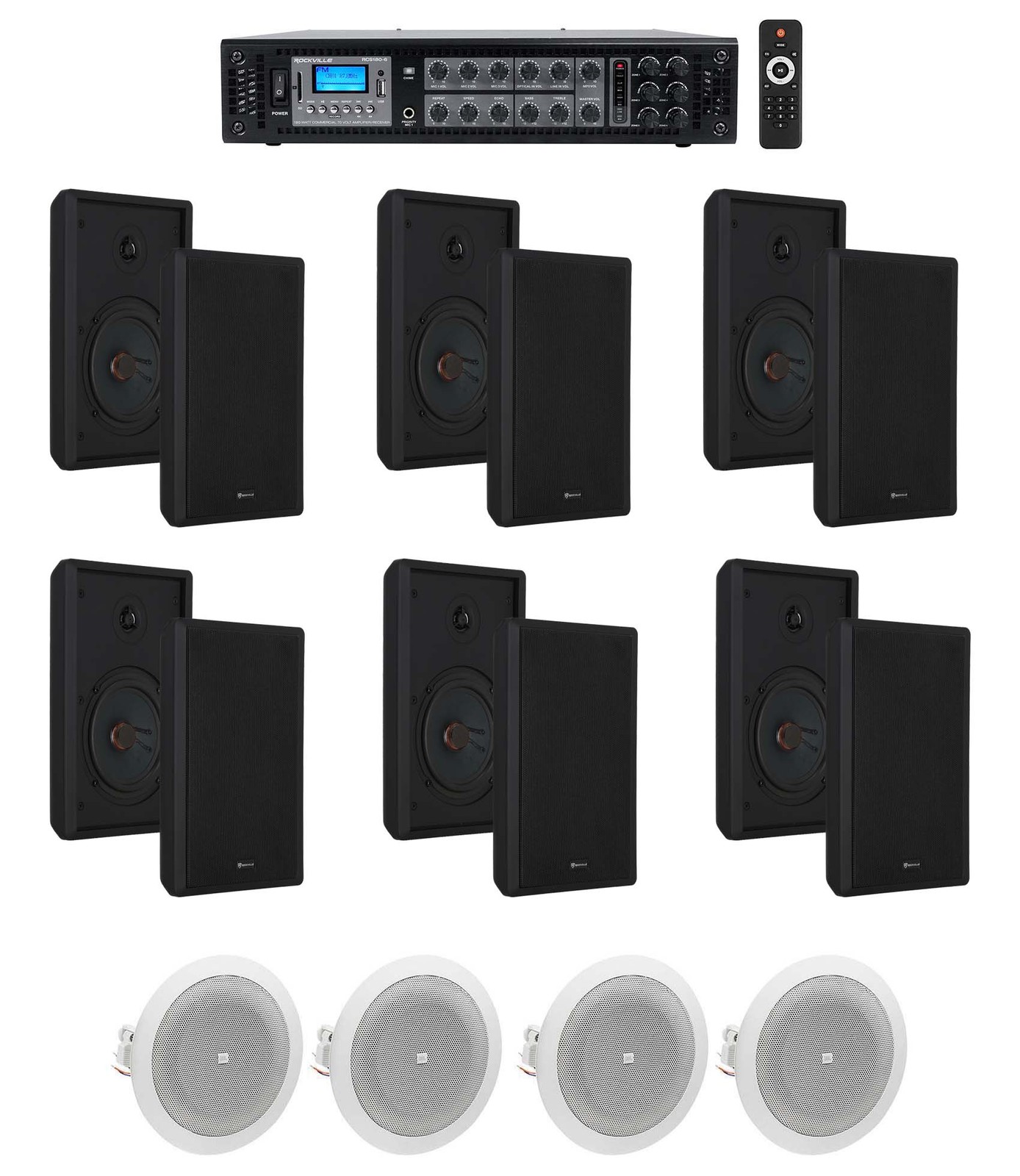 6-Zone Amplifier+12) Black Wall+4) JBL Ceiling Speakers For Restaurant/Bar/Cafe