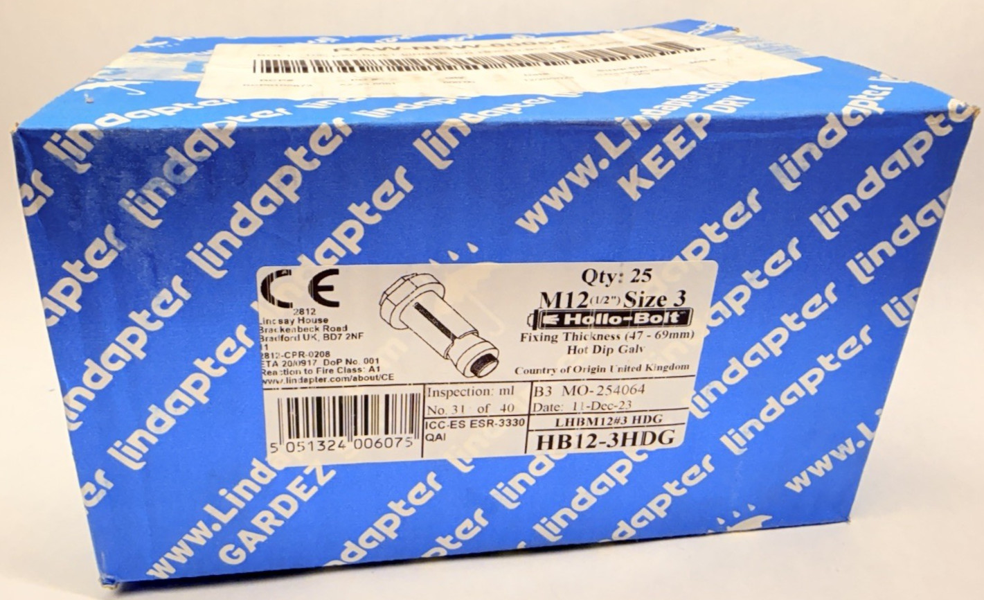NEW (25-Pack) Lindapter HB12-3HDG Hollo-Bolt M12 1/2” Size 3, LHBM12#3HDG NEW (25-Pack) Lindapter HB12-3HDG Hollo-Bolt M12 1/2” Size 3, LHBM12#3HDG