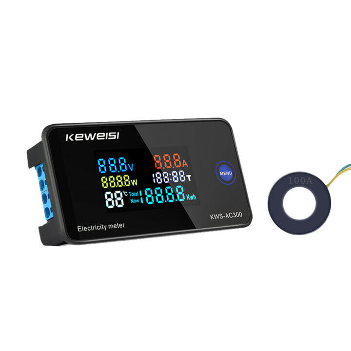AC50-300V 6-in-1 Color Display Digital Power Energy Temp Meter Ammeter Voltmeter