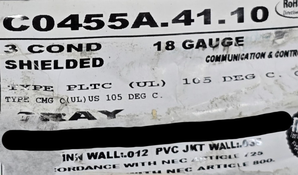Carol C0455A 18/3C Shielded PLTC Power/Control Tray Cable 105C/300V Gray /50ft Carol C0455A 18/3C Shielded PLTC Power/Control Tray Cable 105C/300V Gray /50ft