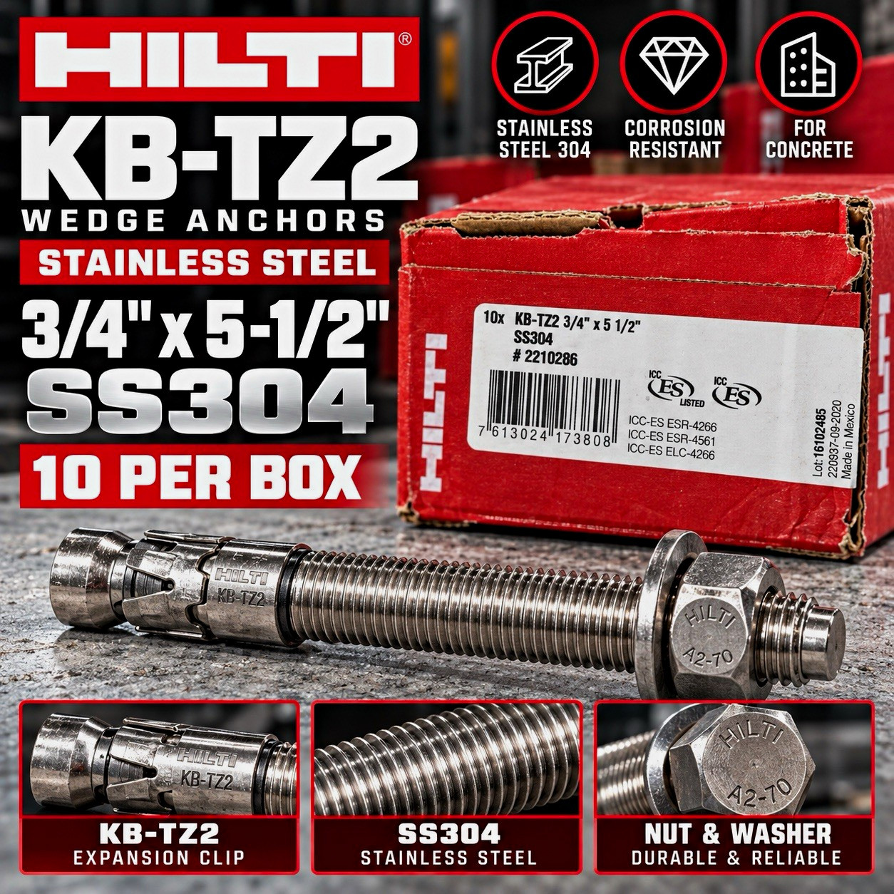 Hilti KB-TZ2 Wedge Anchor 304 Stainless Steel 3/4in x 5-1/2in, 10 Pack