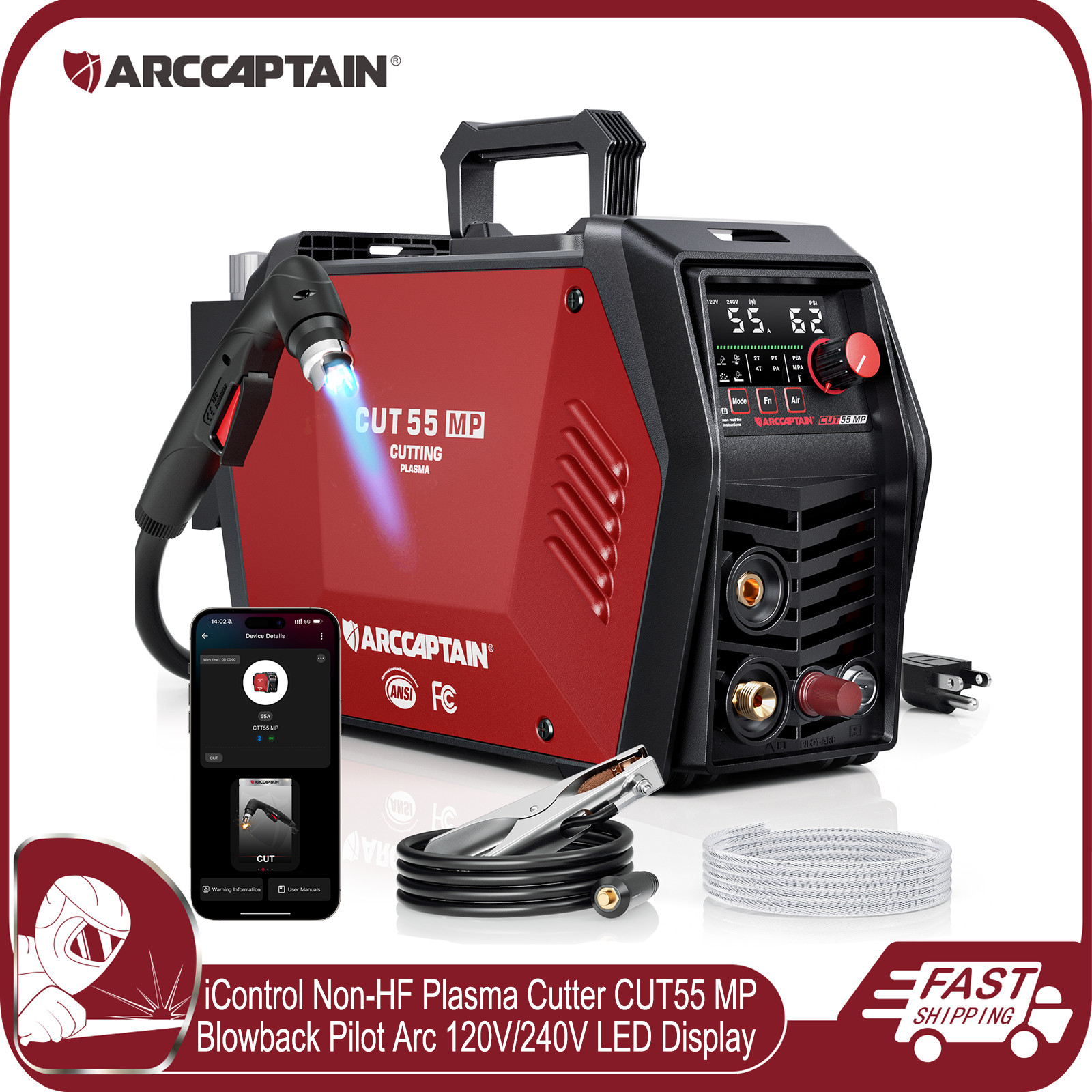 ARCCAPTAIN iControl Non-HF Plasma Cutter CUT55 MP Pilot Arc Blowback APP Control
