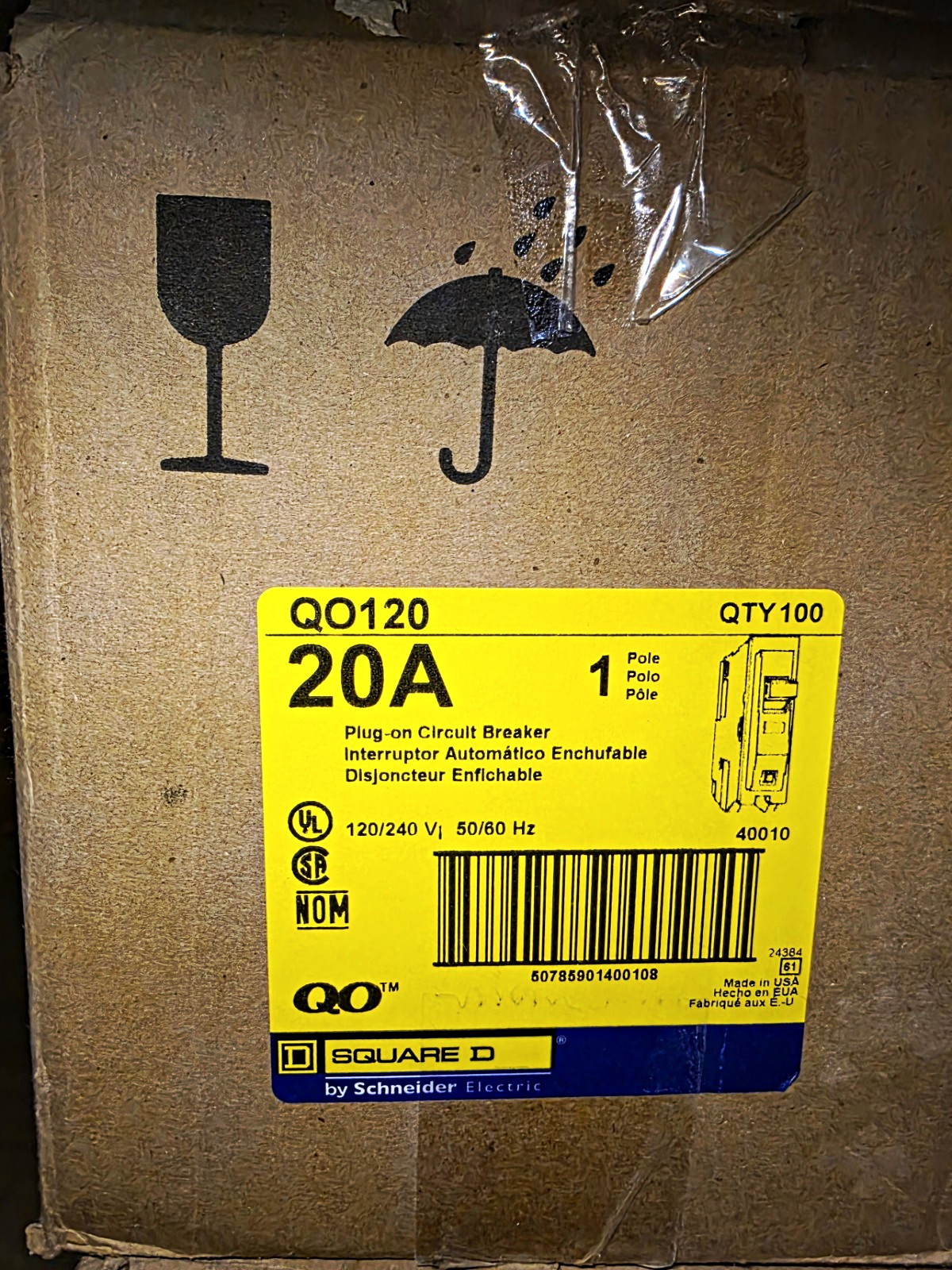 BULK BOX OF 100 NEW Square D QO120 20A 1-Pole Circuit Breakers FACTORY SEALED 