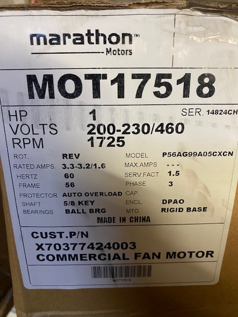 TRANE 1.0 HP, 230/460/60/3, 1725 RPM, Motor, MOT17518 TRANE 1.0 HP, 230/460/60/3, 1725 RPM, Motor, MOT17518