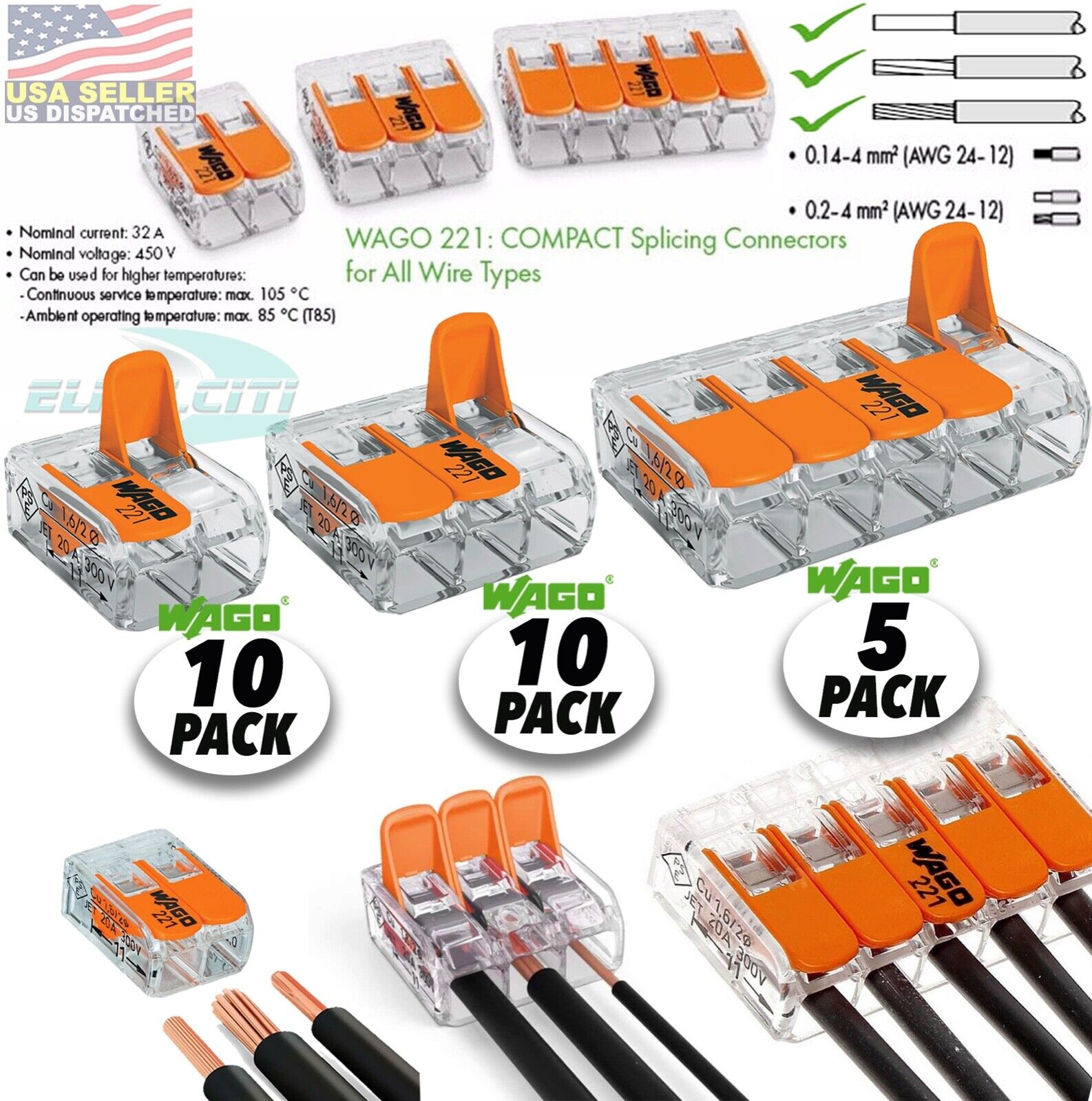 Wago Transparent 2,3,5 Splicing Wire Connector, Lever-Nuts Terminal Block (25pc)
