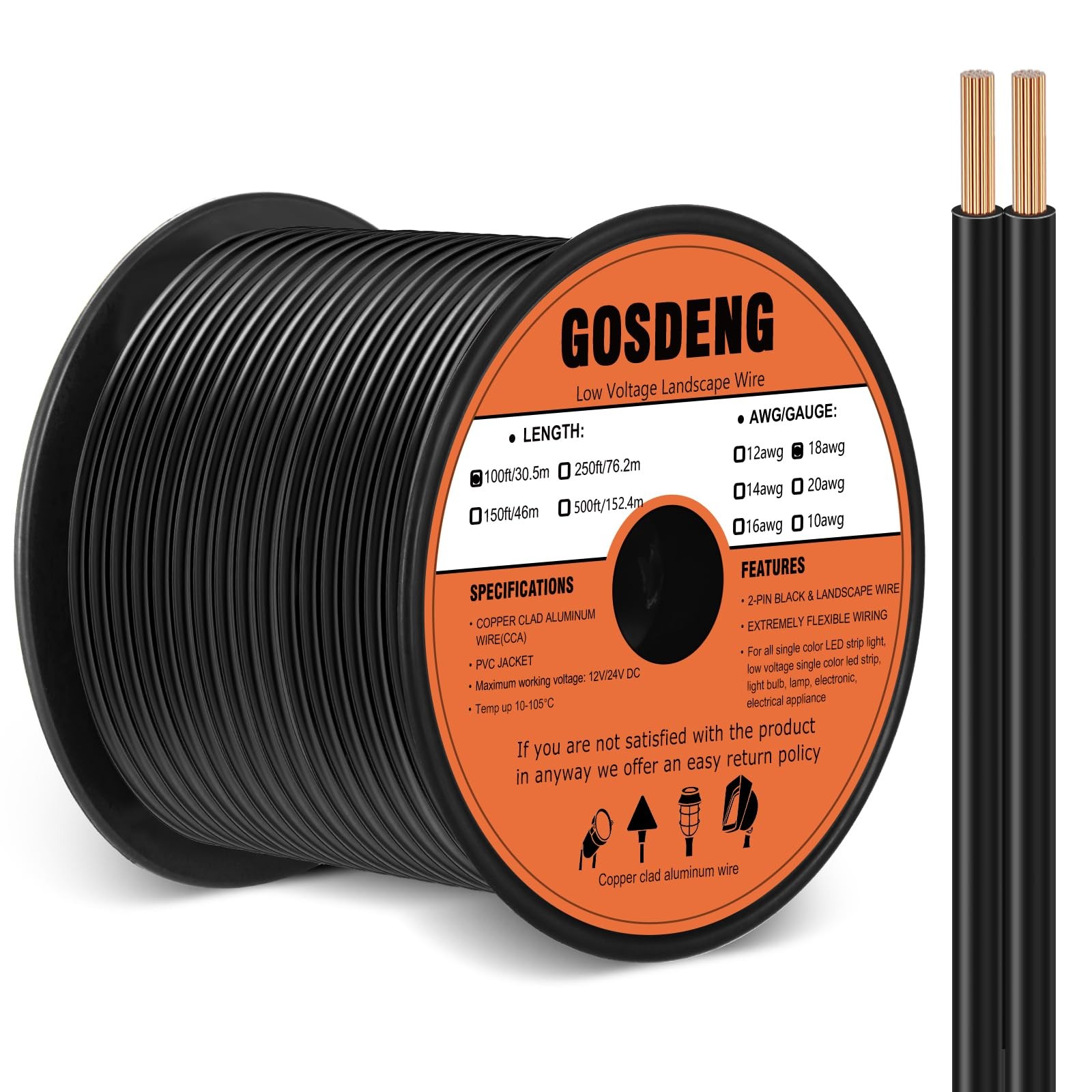 GOSDENG 18/2 Low Voltage Landscape Wire, 18 Gauge Direct Burial Cable 100ft GOSDENG 18/2 Low Voltage Landscape Wire, 18 Gauge Direct Burial Cable 100ft