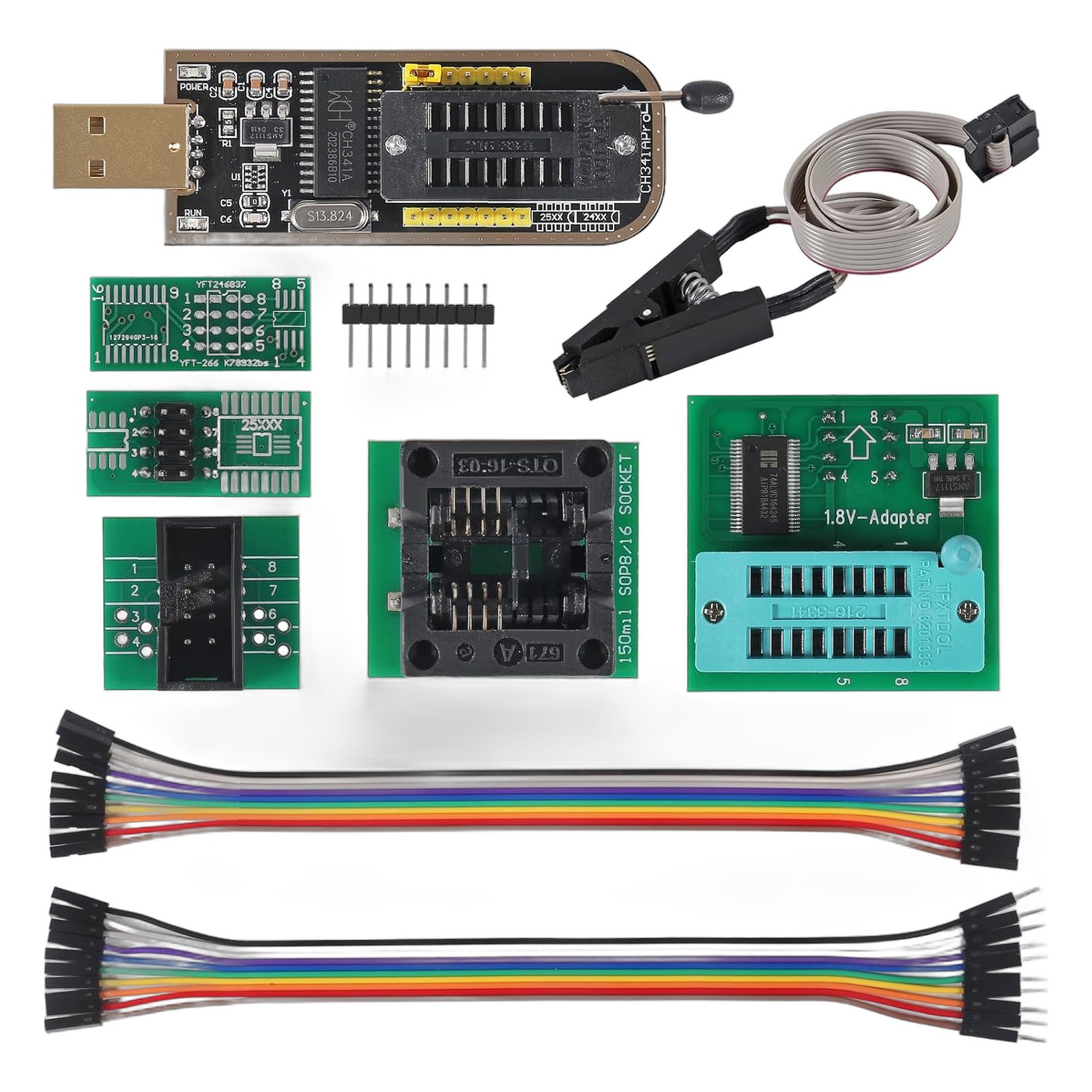 EEPROM BIOS USB Programmer CH341A + SOIC8 SOP8 Test Clip + 1.8V Adapter + SOIC8 EEPROM BIOS USB Programmer CH341A + SOIC8 SOP8 Test Clip + 1.8V Adapter + SOIC8
