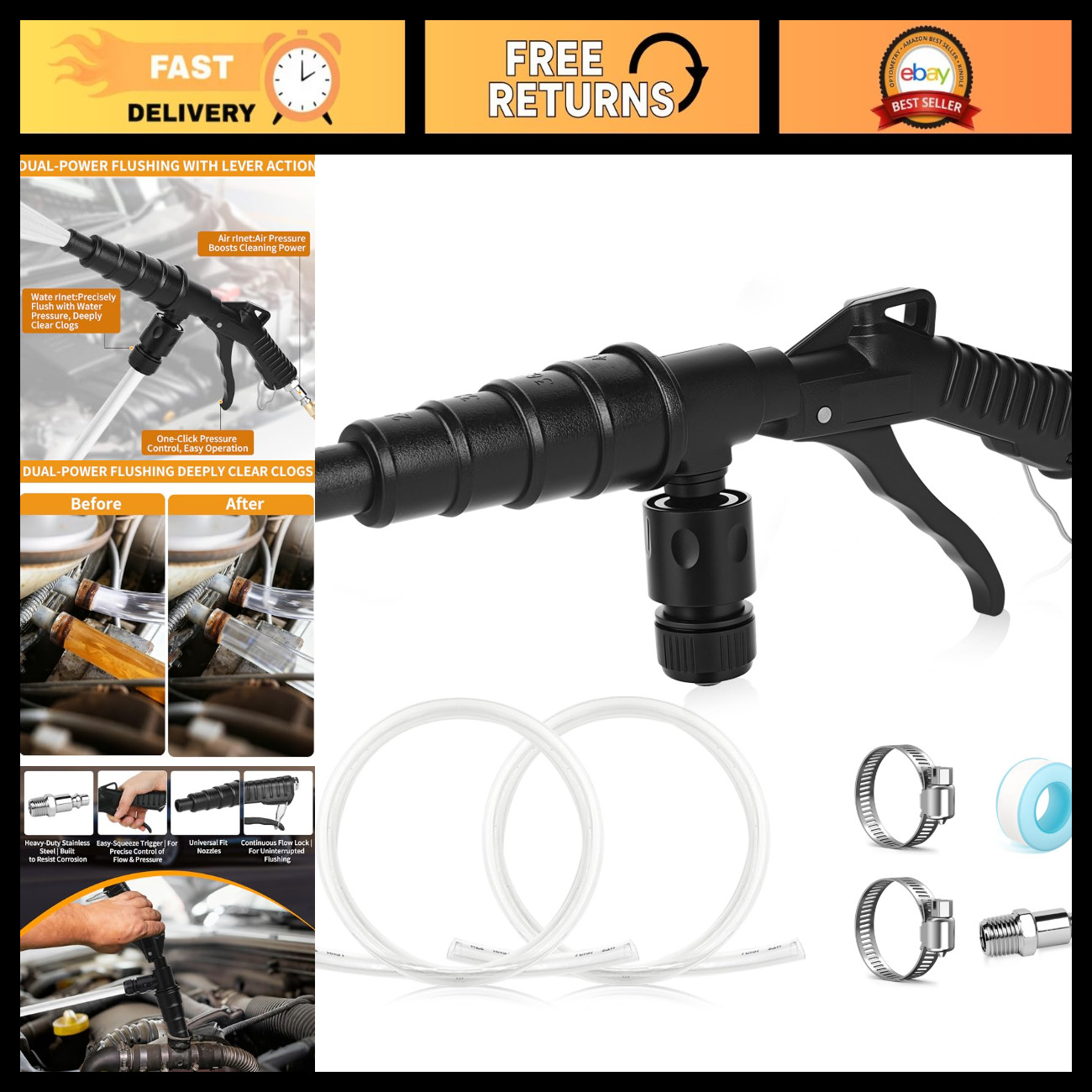 Automotive Coolant Flush Gun Kit - Heater Core Cleaning Tool, 2 Garden Hoses & N