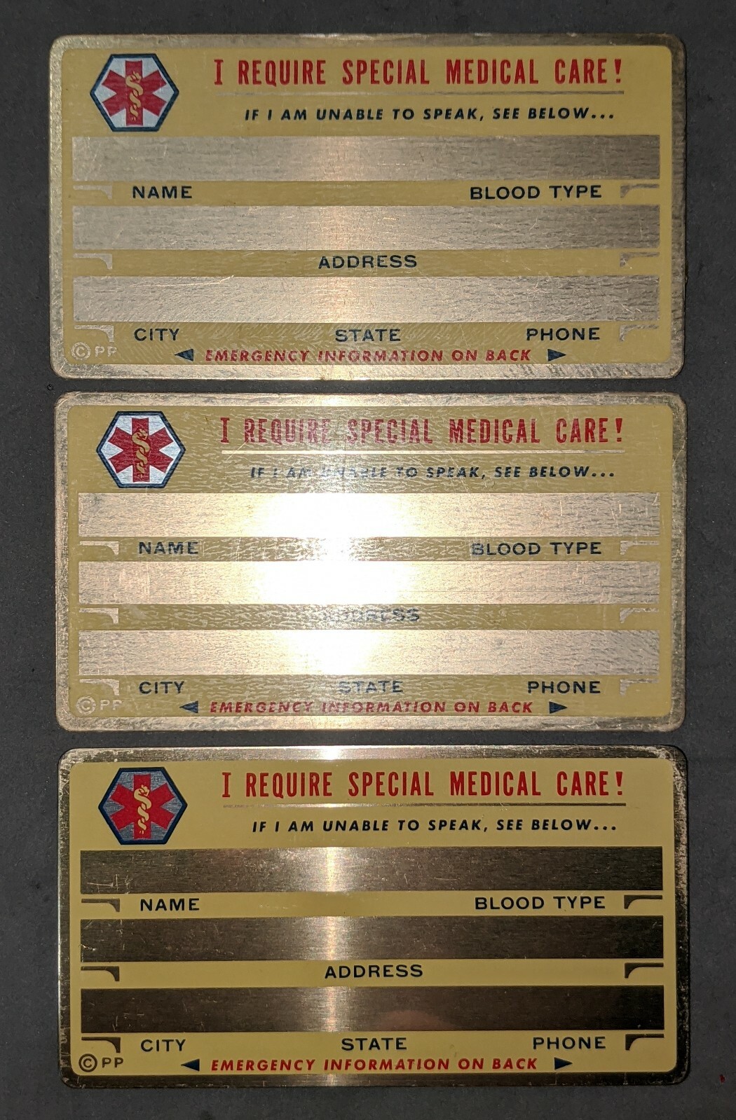 Neat lot of 3 vintage MEDICAL ALERT cards - not engraved - NOS - emergency info