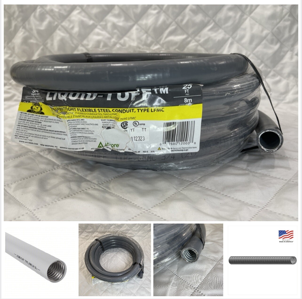 Liquid Tight Flex Metal Conduit 3/4 in Trade Size, Gray 3 IN Bend Radius 25 ft Liquid Tight Flex Metal Conduit 3/4 in Trade Size, Gray 3 IN Bend Radius 25 ft