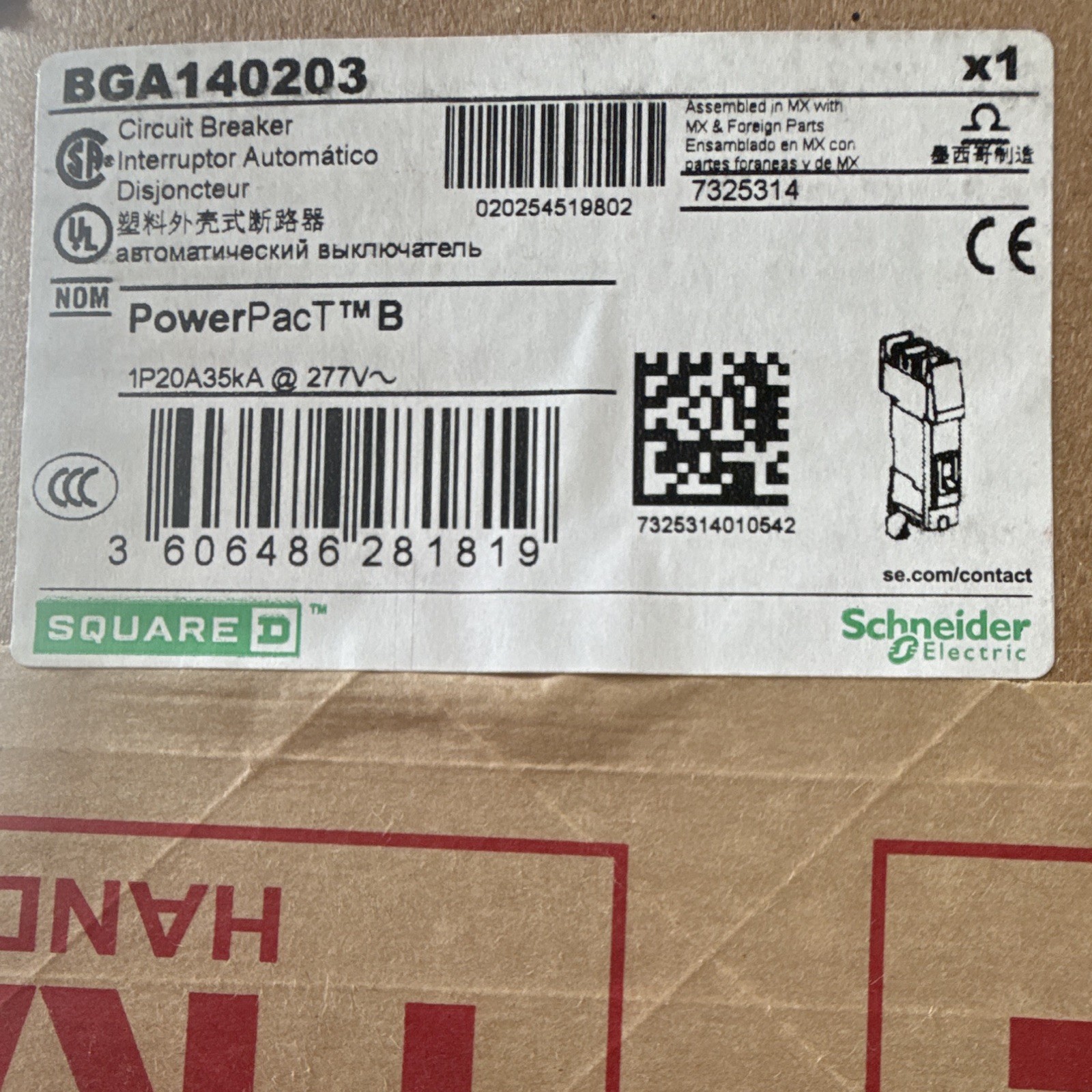 Square D PowerPacT B BGA140203 1-Pole 20A 277V Branch Circuit Breaker Square D PowerPacT B BGA140203 1-Pole 20A 277V Branch Circuit Breaker