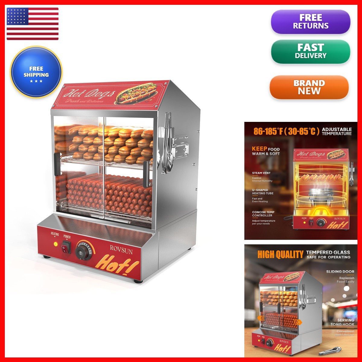 ROVSUN 40L 2-Tier Hot Dog Steamer, 235 Hot Dogs & 50 Buns Capacity, Electric ROVSUN 40L 2-Tier Hot Dog Steamer, 235 Hot Dogs & 50 Buns Capacity, Electric