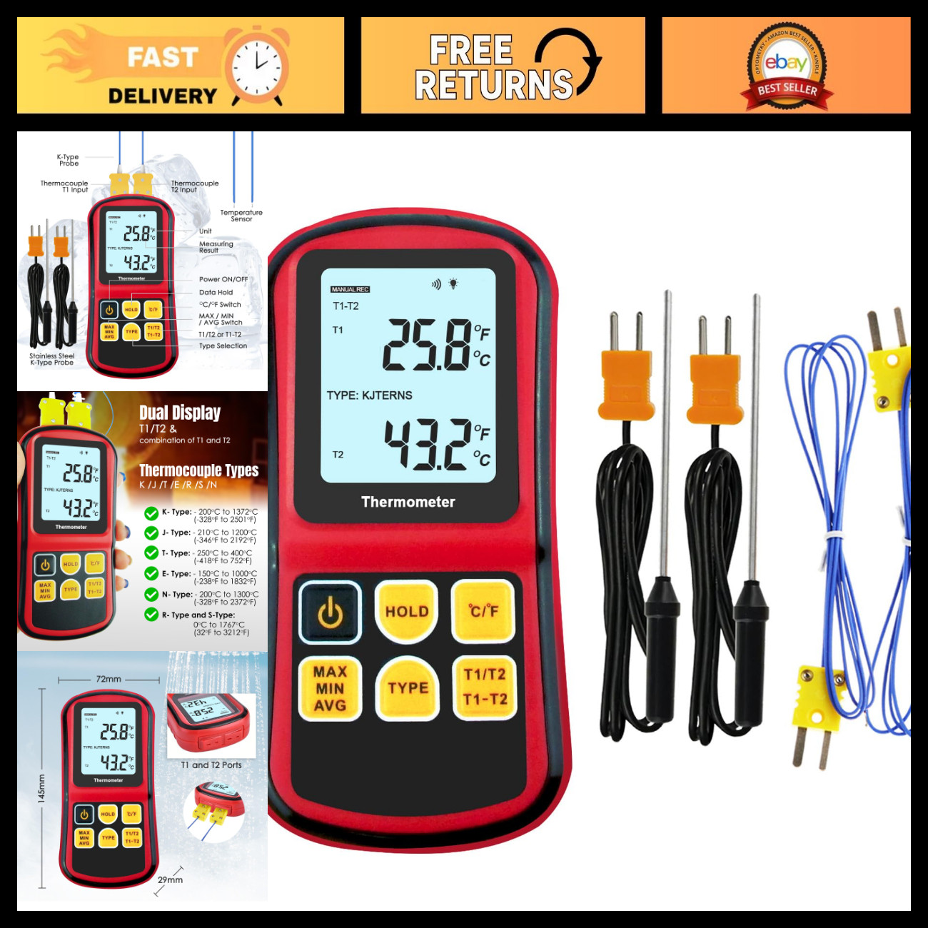 Digital Thermocouple Thermometer - Dual Channel K Type Tester, LCD Display, 4 Pr Digital Thermocouple Thermometer - Dual Channel K Type Tester, LCD Display, 4 Pr