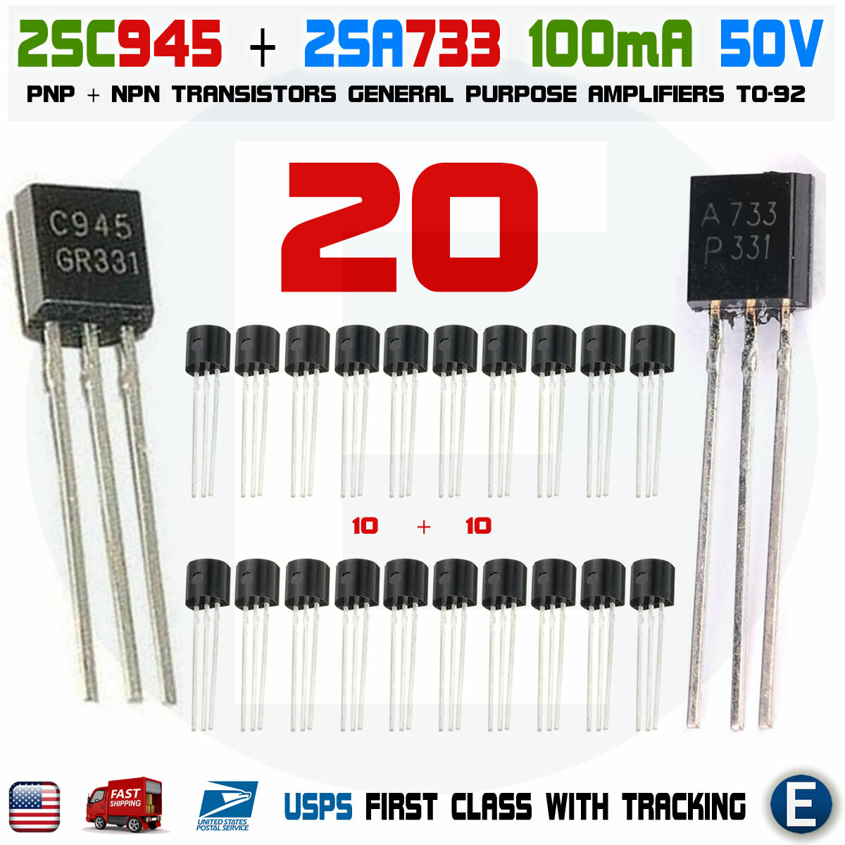 20pcs 10 pairs of 2SA733 & 2SC945 A733 C945, TO-92 audio transistor KCS945 USA 20pcs 10 pairs of 2SA733 & 2SC945 A733 C945, TO-92 audio transistor KCS945 USA