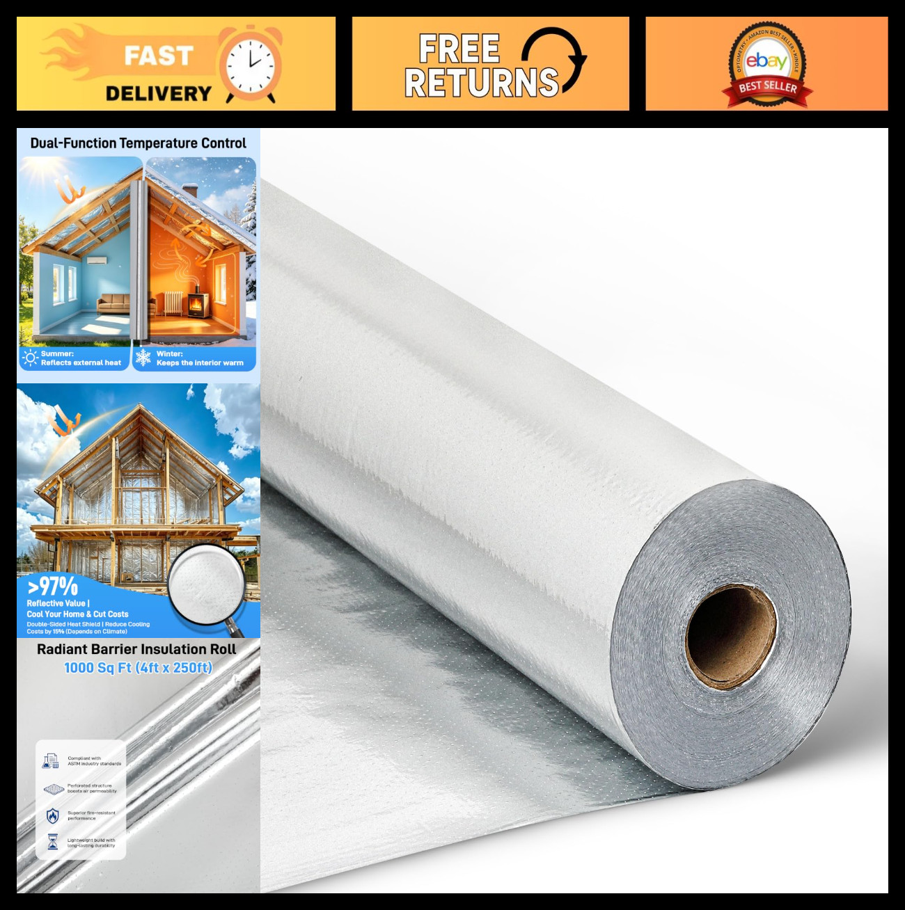 Reflective Heat Shield Insulation Roll - 1000 Sq Ft, Double-Sided Thermal Barrie Reflective Heat Shield Insulation Roll - 1000 Sq Ft, Double-Sided Thermal Barrie