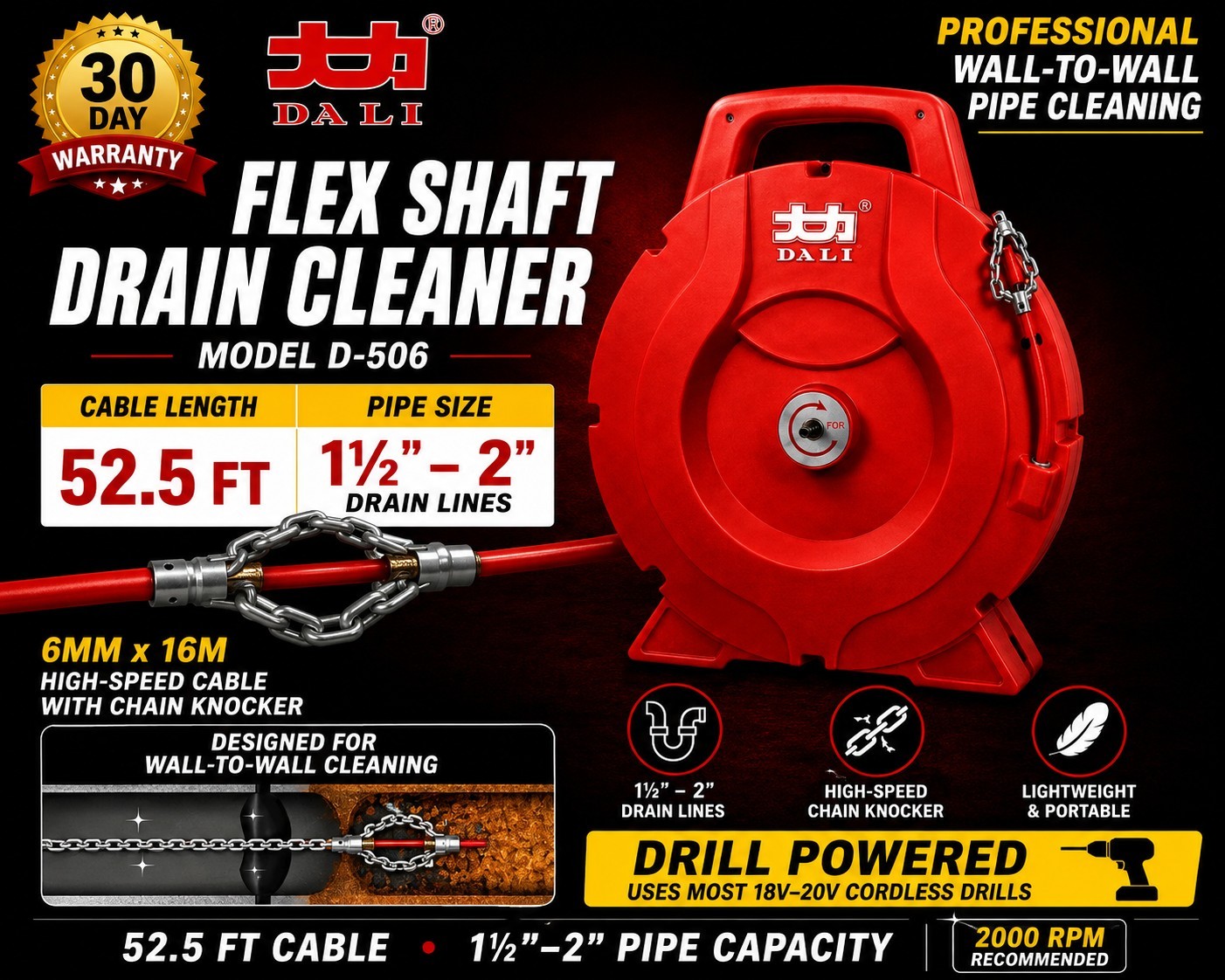 Drain Snake Flex Shaft Drain Cleaner Machine 50' Drill Powered DALI D-506 Drain Snake Flex Shaft Drain Cleaner Machine 50' Drill Powered DALI D-506