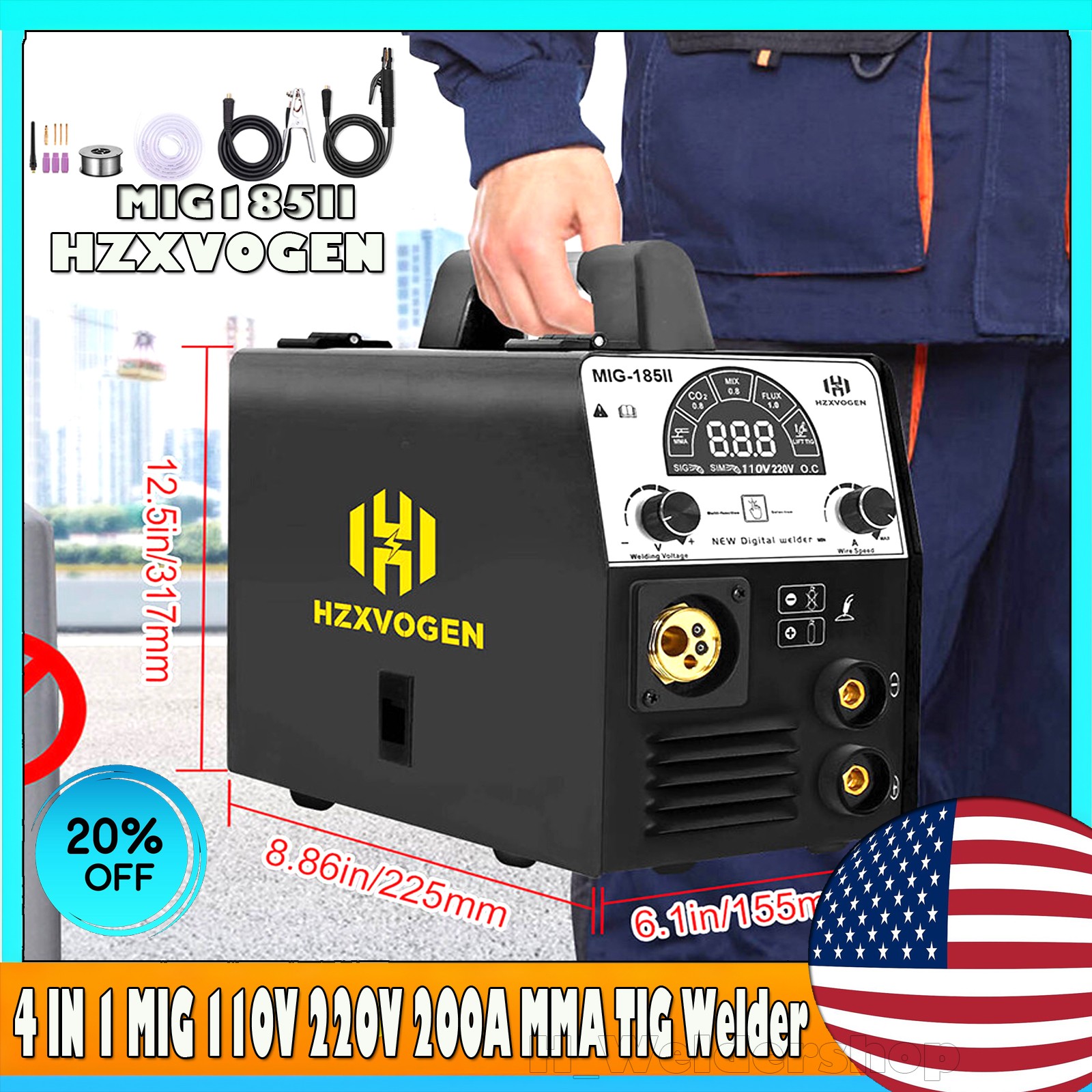 HZXVOGEN 5-in-1 Multi-Process Welder 200A MIG Gas/Gasless TIG MMA LCD Display US HZXVOGEN 5-in-1 Multi-Process Welder 200A MIG Gas/Gasless TIG MMA LCD Display US