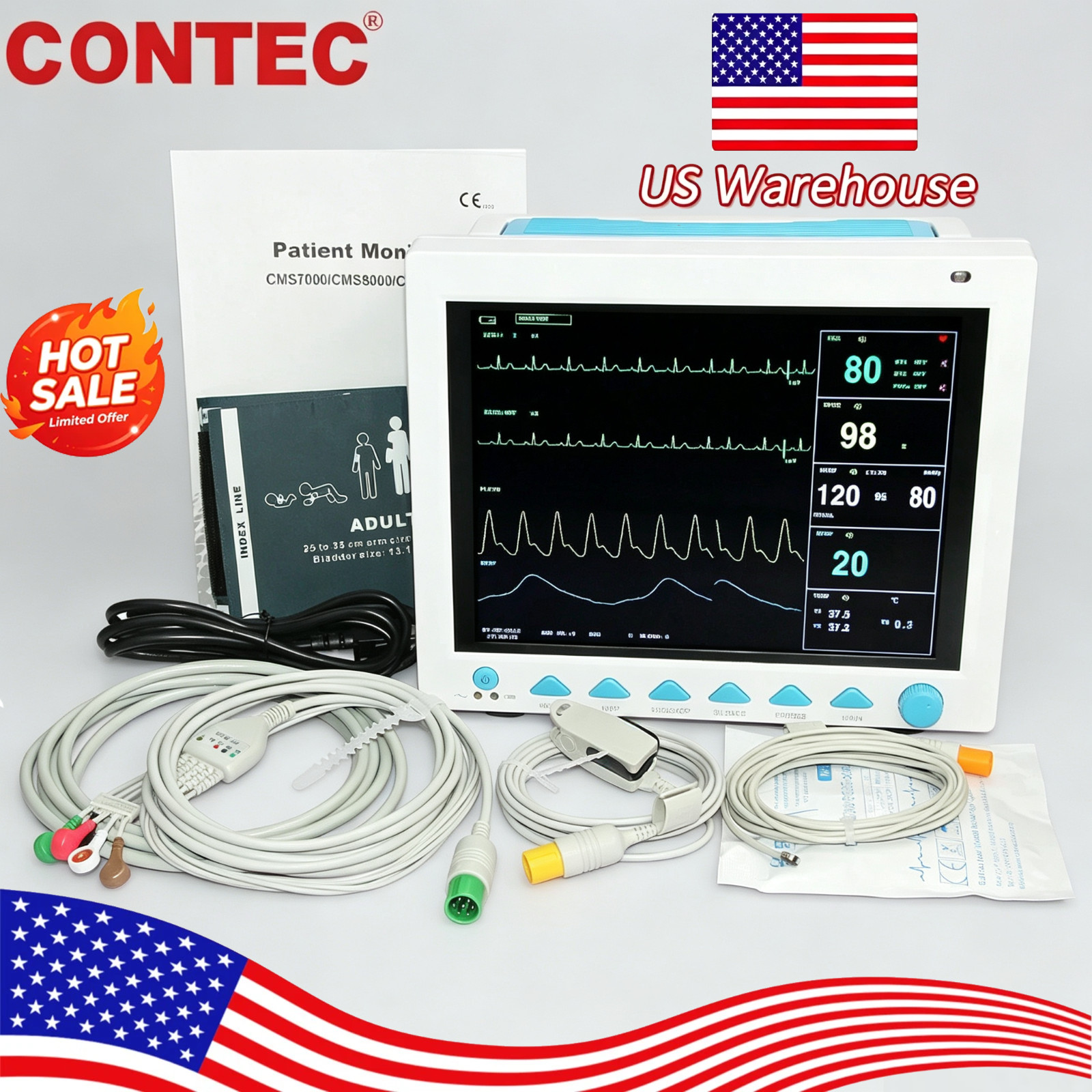 Ship From USA CONTEC CMS8000 12.1-Inch 6 Parameter Patient Monitor Vital Sign Ship From USA CONTEC CMS8000 12.1-Inch 6 Parameter Patient Monitor Vital Sign