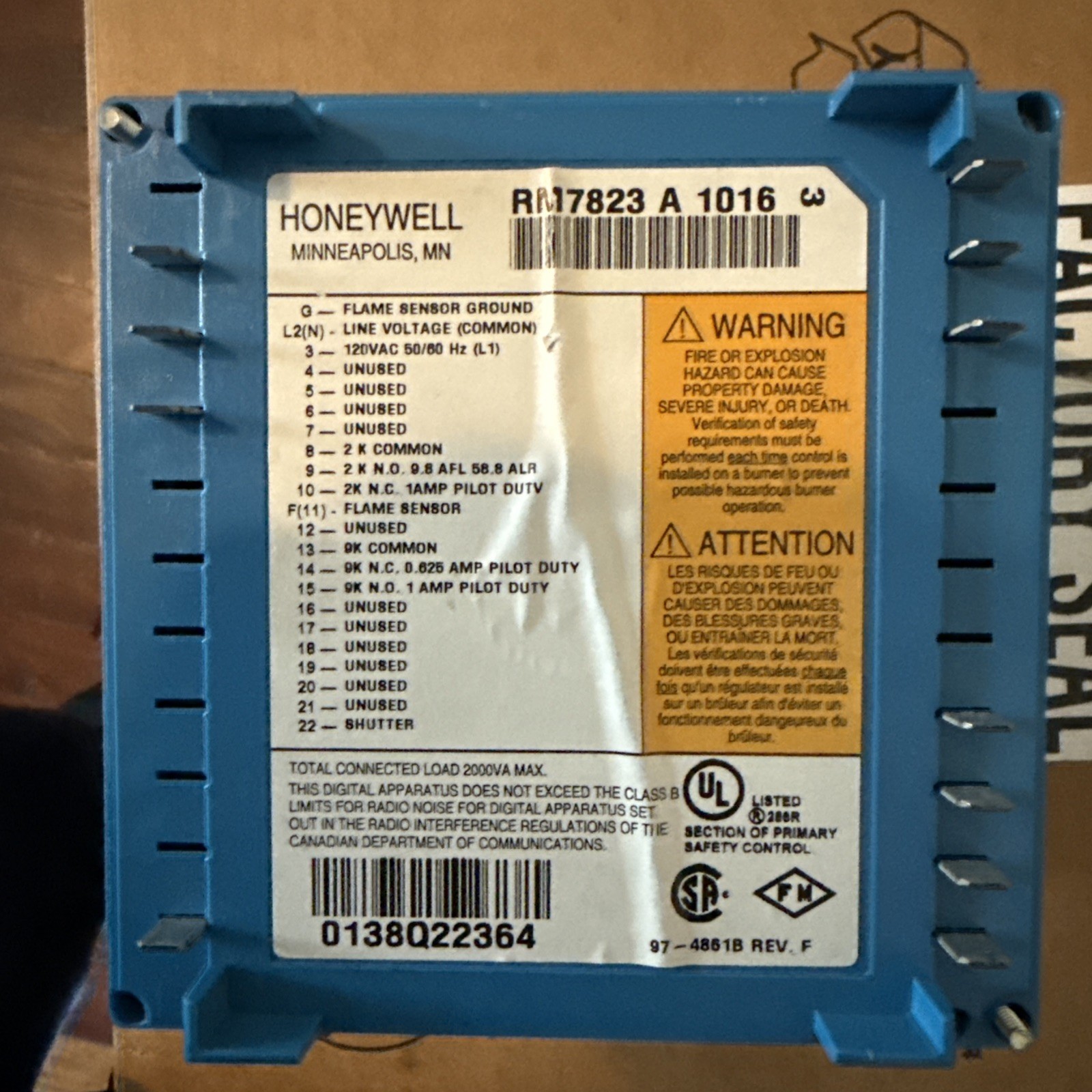 Honeywell RM7823 A 1016 Primary Flame Switch Burner Control Honeywell RM7823 A 1016 Primary Flame Switch Burner Control