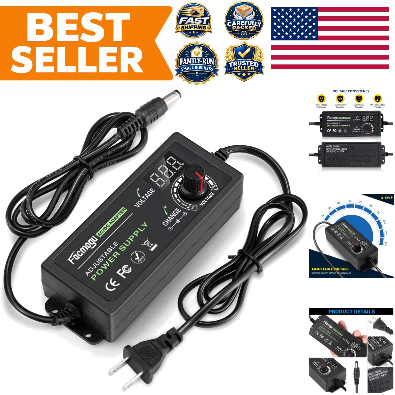 Adjustable 3V-12V 5A Power Supply with LED Display - Travel Ready 60W Adapter Adjustable 3V-12V 5A Power Supply with LED Display - Travel Ready 60W Adapter
