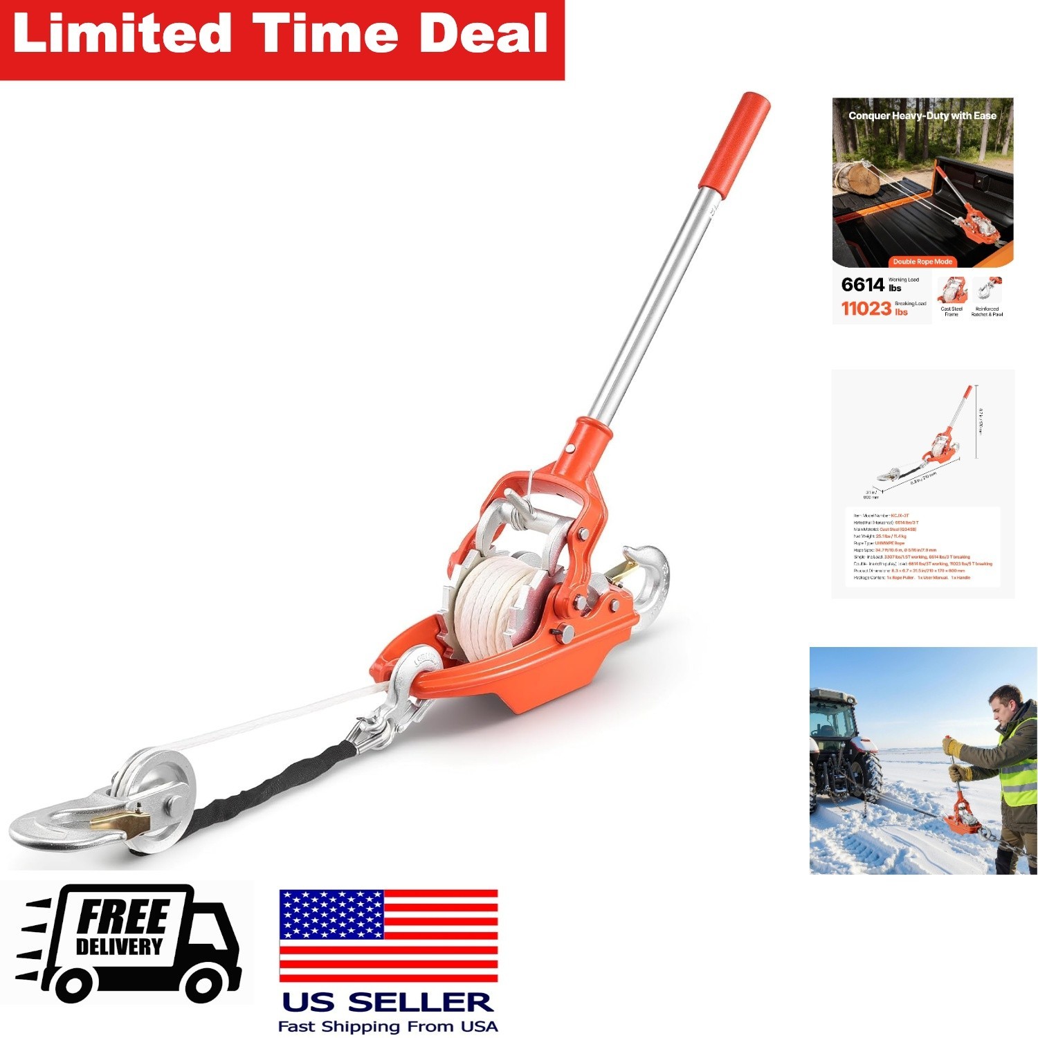 Heavy Duty Rope Puller 3000 kg Pulling Capacity with 35ft Rope and Hooks