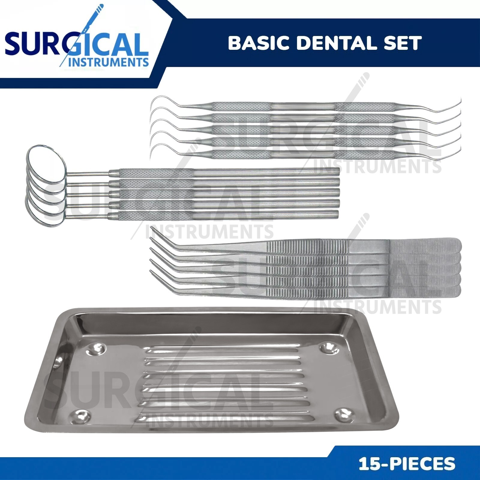 15 Basic Dental Set With Scaler Tray, Mouth Mirror, Explorer #5, Cotton Plier
