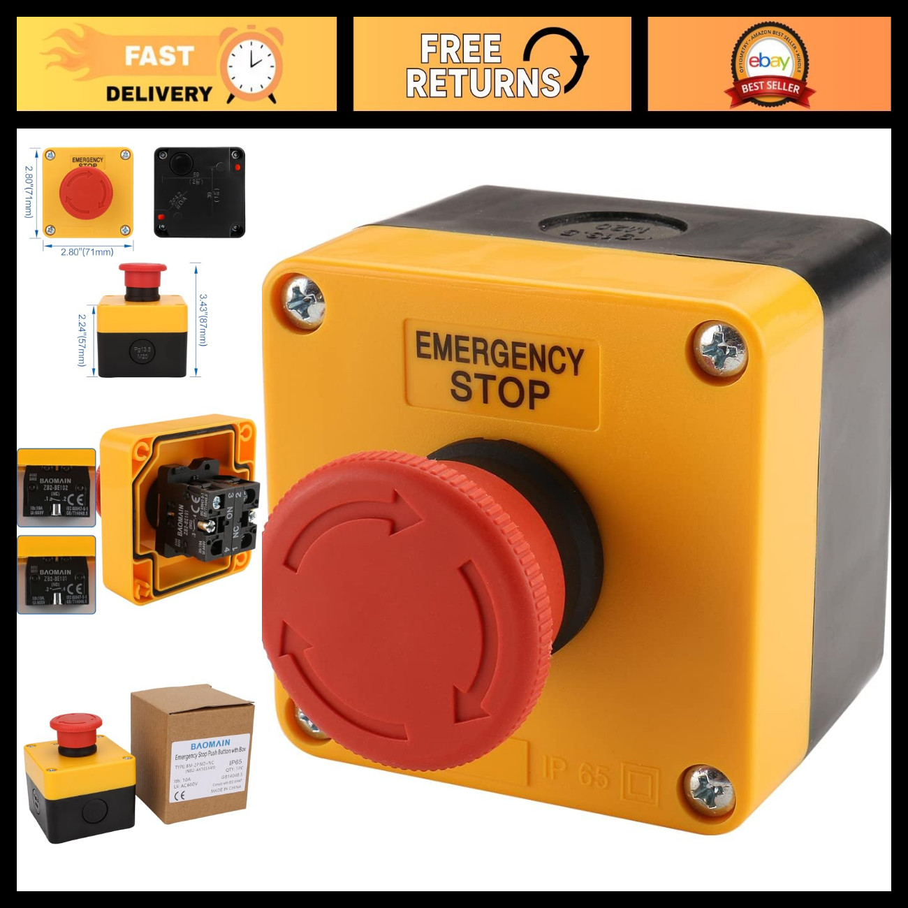 10-Pack Red E-Stop Button, 1NO1NC 660V 10A Waterproof Emergency Switch 10-Pack Red E-Stop Button, 1NO1NC 660V 10A Waterproof Emergency Switch