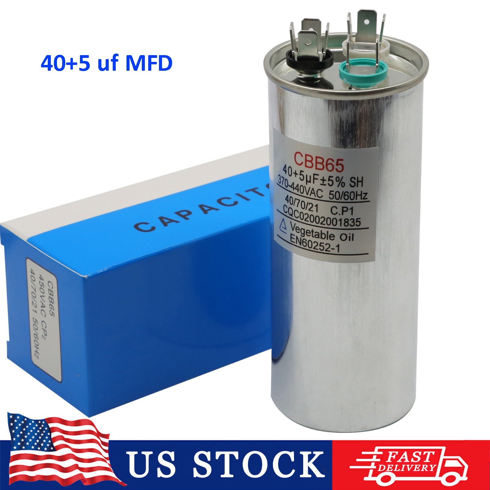 40/5 uF 40+5 MFD Capacitor 370 or 440 VAC Dual Run Capacitor AC Universal 40/5 uF 40+5 MFD Capacitor 370 or 440 VAC Dual Run Capacitor AC Universal