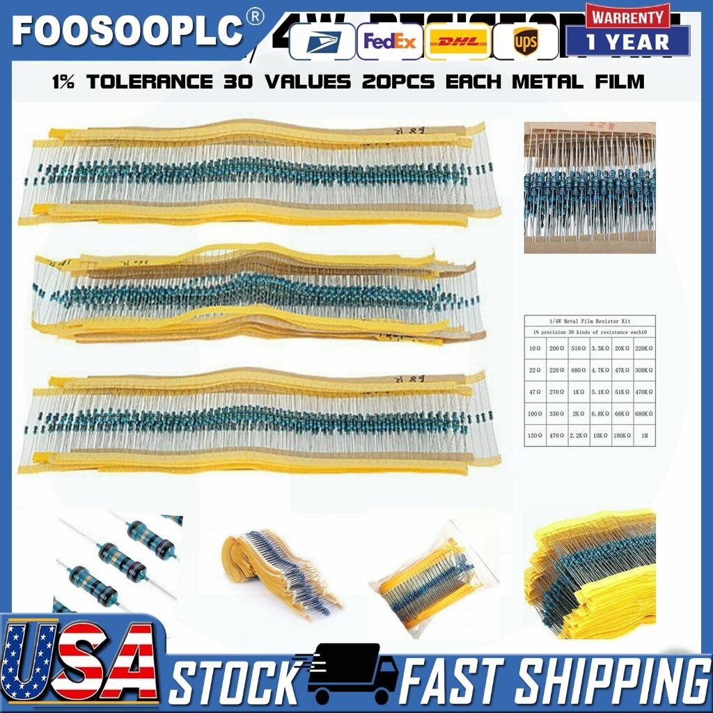 600pcs 30 Values 1/4W Metal Film Resistors Resistance Assortment Kit Set 1% USA 600pcs 30 Values 1/4W Metal Film Resistors Resistance Assortment Kit Set 1% USA