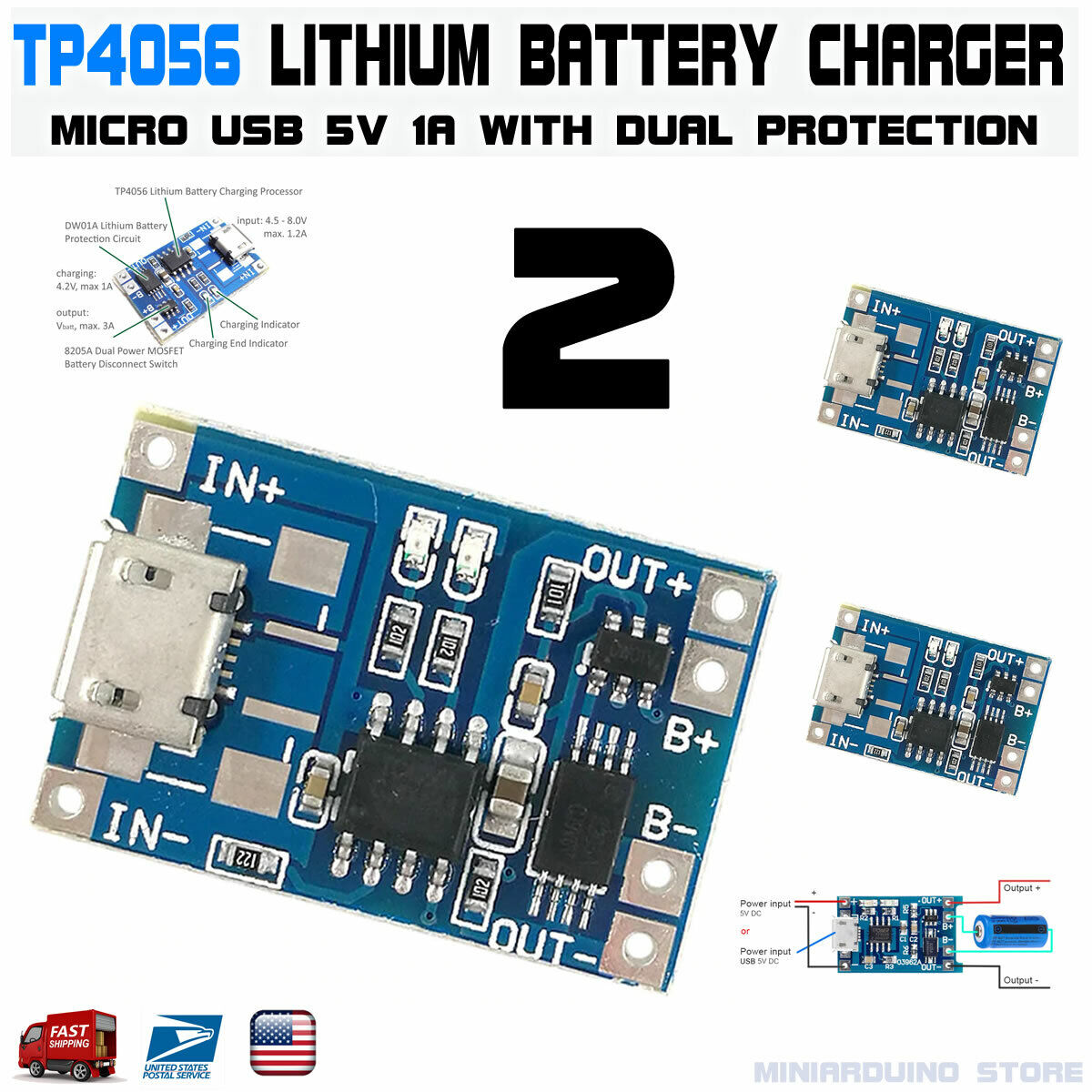 2pcs TP4056 Micro USB 5V 1A 18650 Lithium Battery Charging Dual Protection DW01A