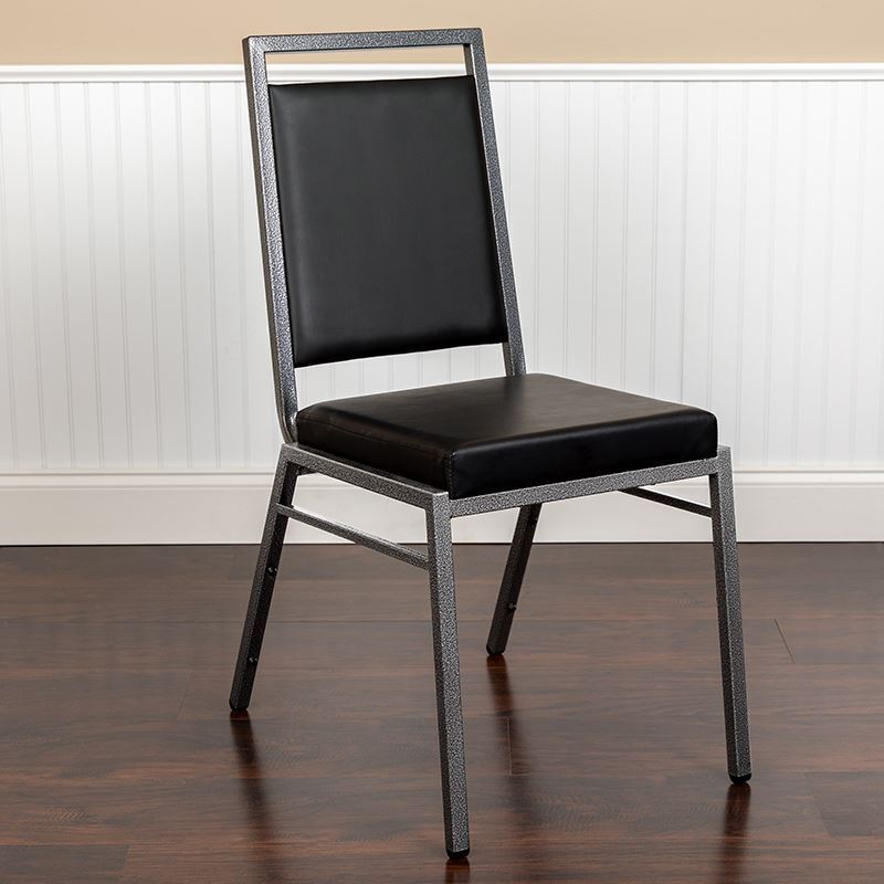 Hercules Series Square Back Stacking Banquet Chair in Black Vinyl w/Silvervein F