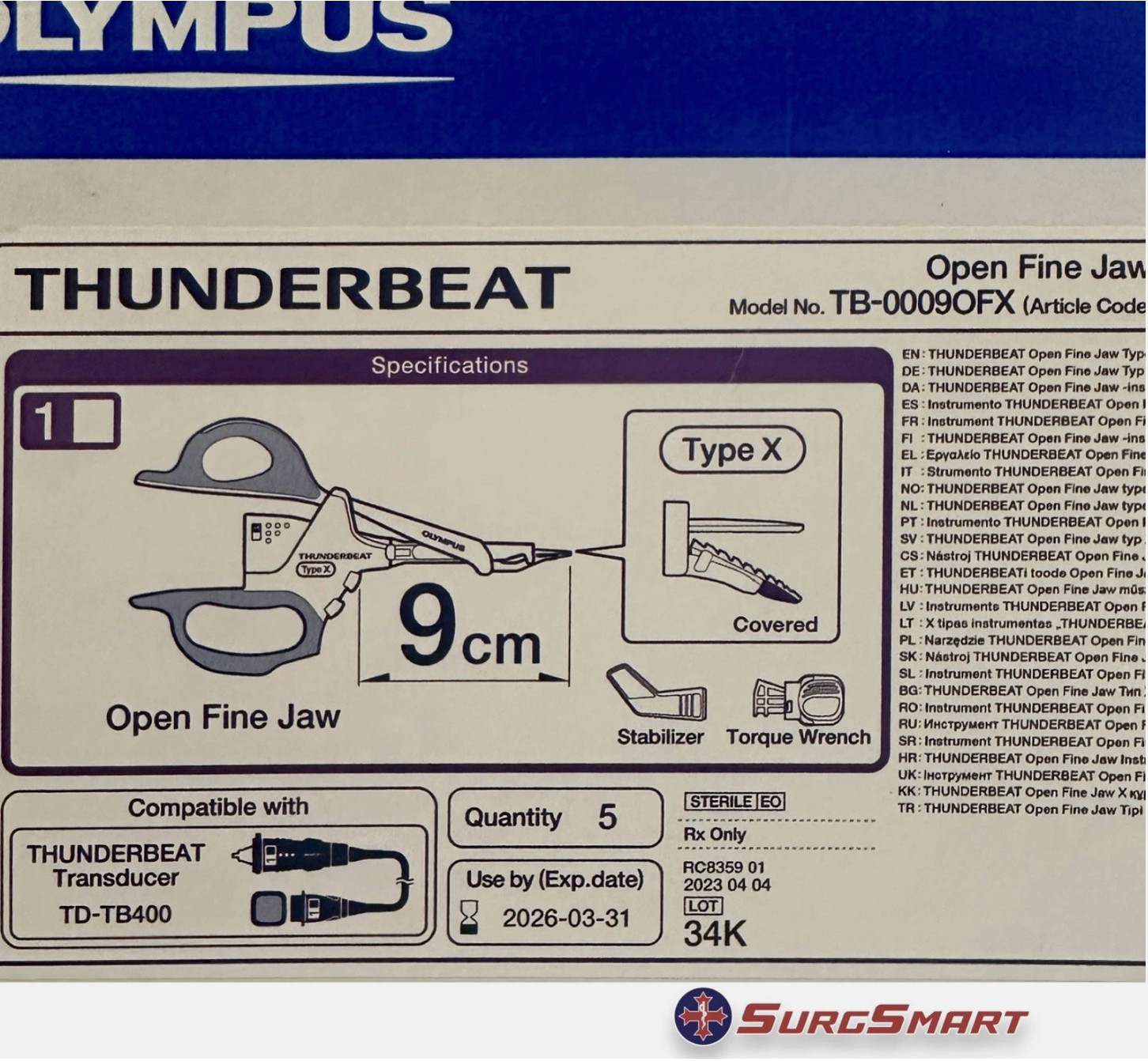 Olympus THUNDERBEAT Open Fine Jaw Type Model No. TB-0009OFX Olympus THUNDERBEAT Open Fine Jaw Type Model No. TB-0009OFX