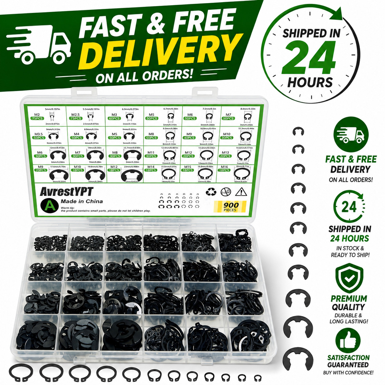 900Pcs C Clips Assortment and E Clips Assortment Set , External Retaining 900Pcs C Clips Assortment and E Clips Assortment Set , External Retaining