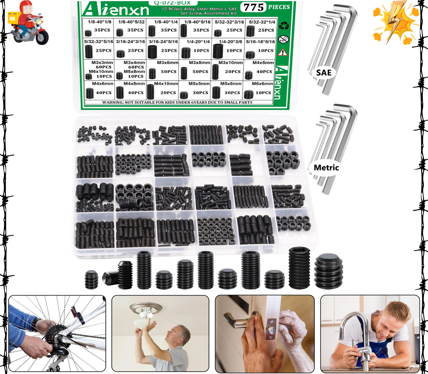 775PCS Metric +SAE Set Screw Assortment Kit Hex Socket Head Cup Point Set Sc 775PCS Metric +SAE Set Screw Assortment Kit Hex Socket Head Cup Point Set Sc